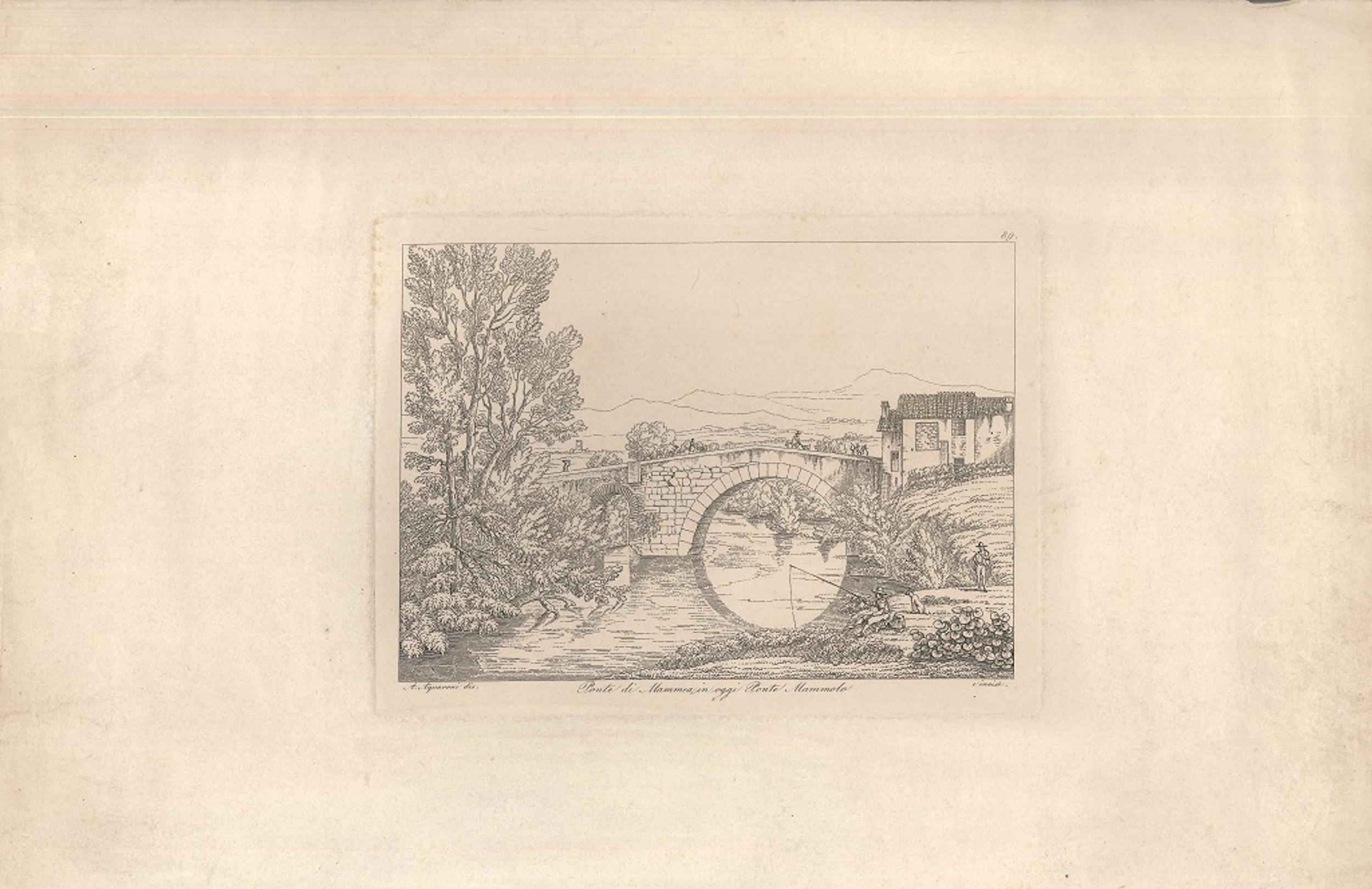 Ponte di Mammea (oggi Ponte Mammolo) - Acquaforte originale di A. Acquaroni - 1836 - Print di Antonio Acquaroni