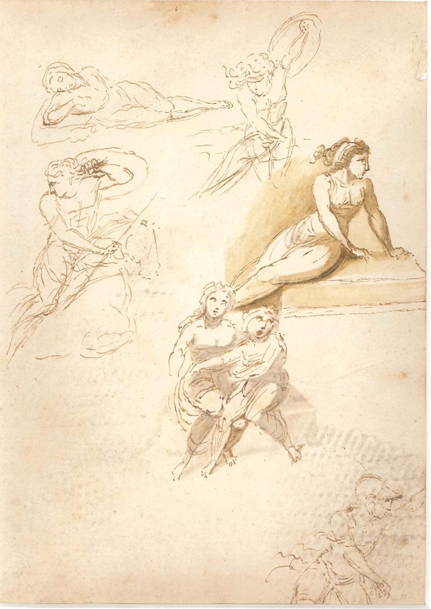 Studies on Women Figures - Original Ink Drawing by Anonymous Italian Artist 1800