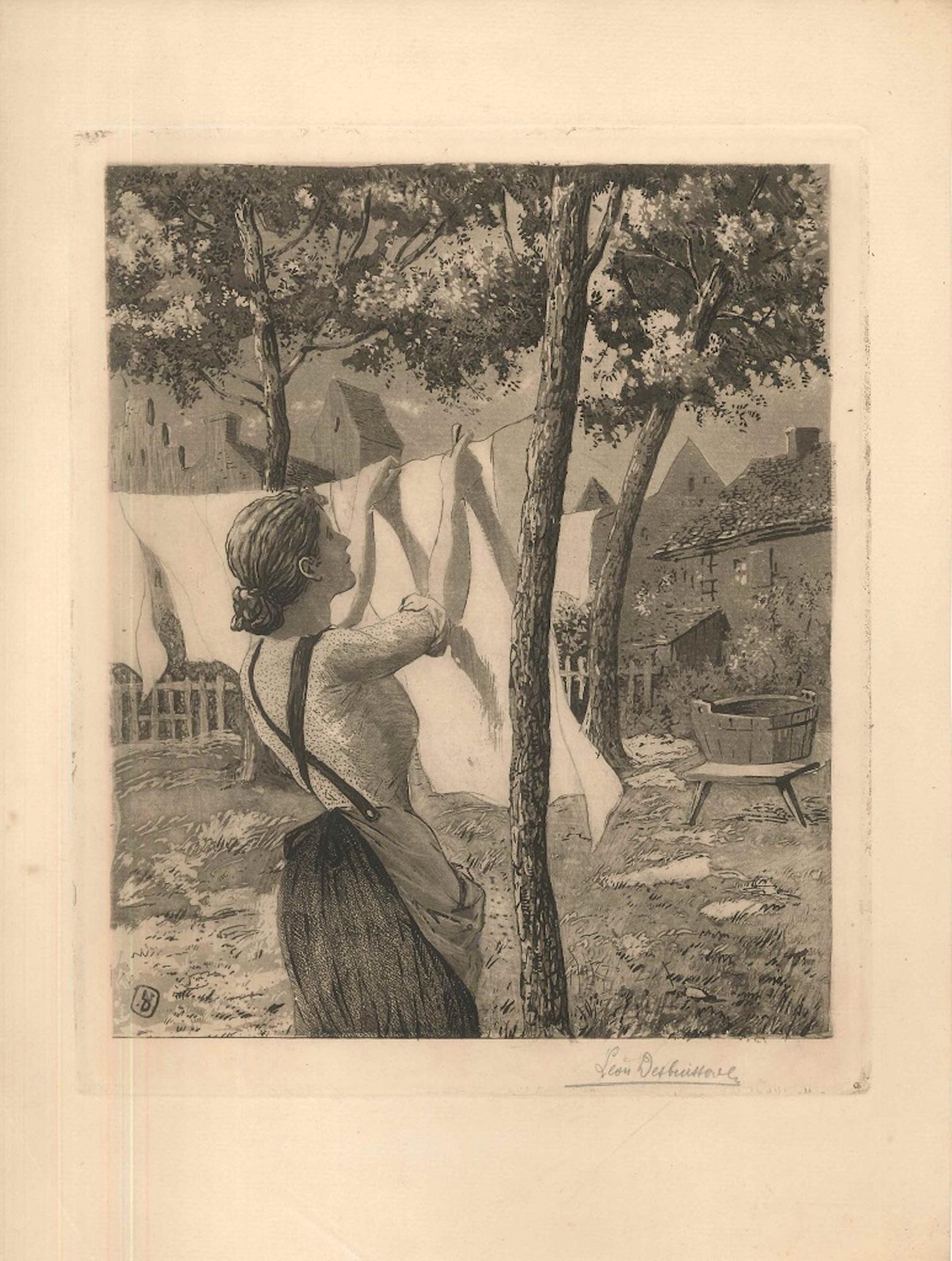 Léon Desbuissons Figurative Print - Woman Hanging Laudry - Original Etching by L. Desbuissons - 1904