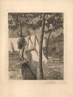 Woman Hanging Laudry - Original Etching by L. Desbuissons - 1904