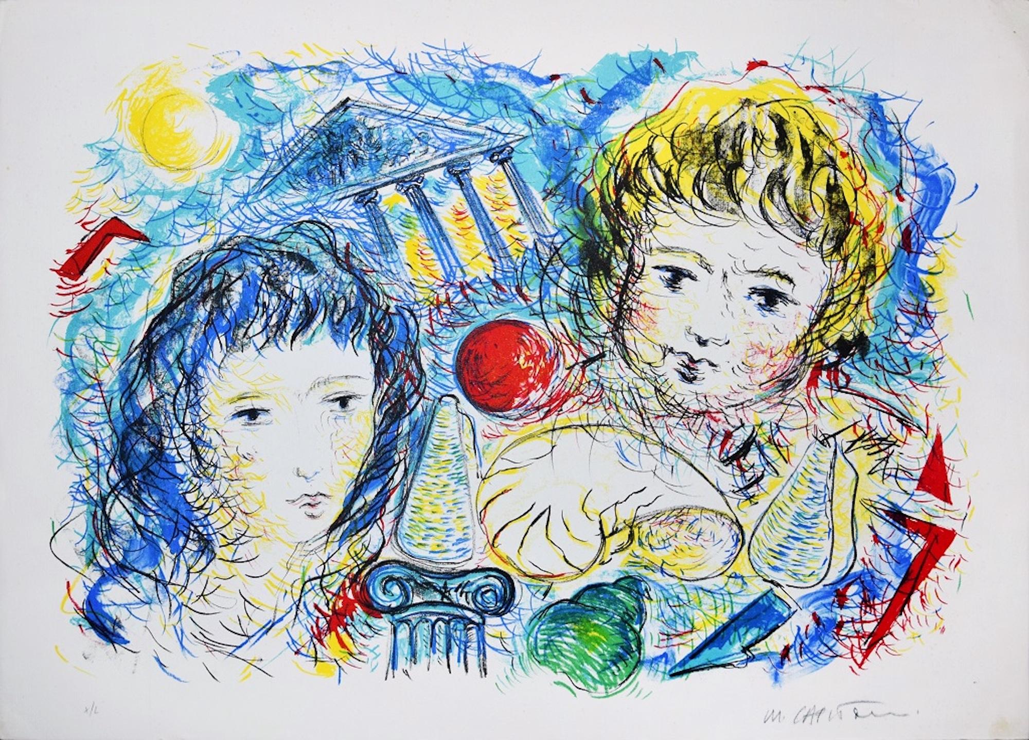 Mauro Capitani Figurative Print - Children in Colors - Original Lithograph by M. Capitani - 1990s