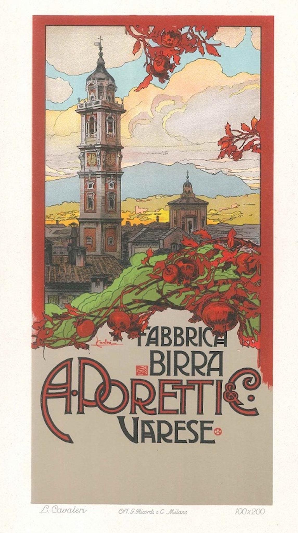 Ludovico Cavalieri Figurative Print - Fabbrica Birra Poretti - Original Lithograph by L. Cavalieri - 1900 ca.