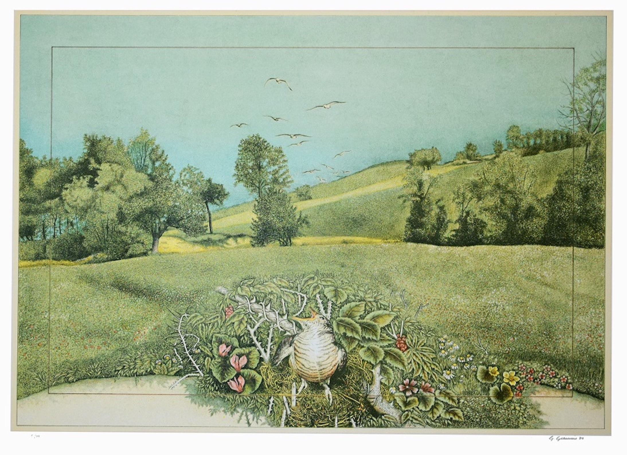 Giuseppe Giannini Landscape Print - Natural Oasis - Lithograph on Silver Paper by G. Giannini - 1980