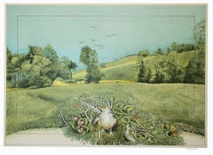 Vintage Natural Oasis - Lithograph on Silver Paper by G. Giannini - 1980