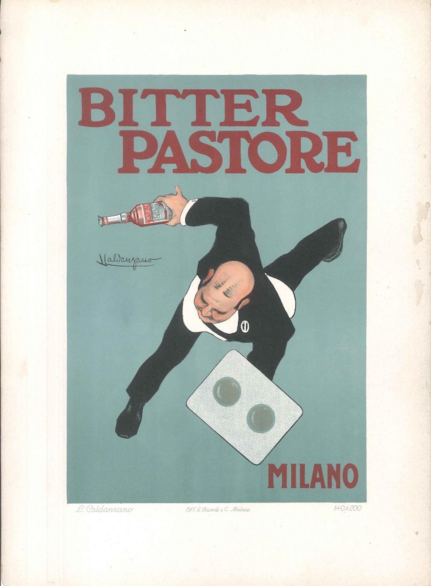 Luigi Caldanzano Figurative Print - Bitter Pastore - Advertising Lithograph by L. Caldanzano - 1910