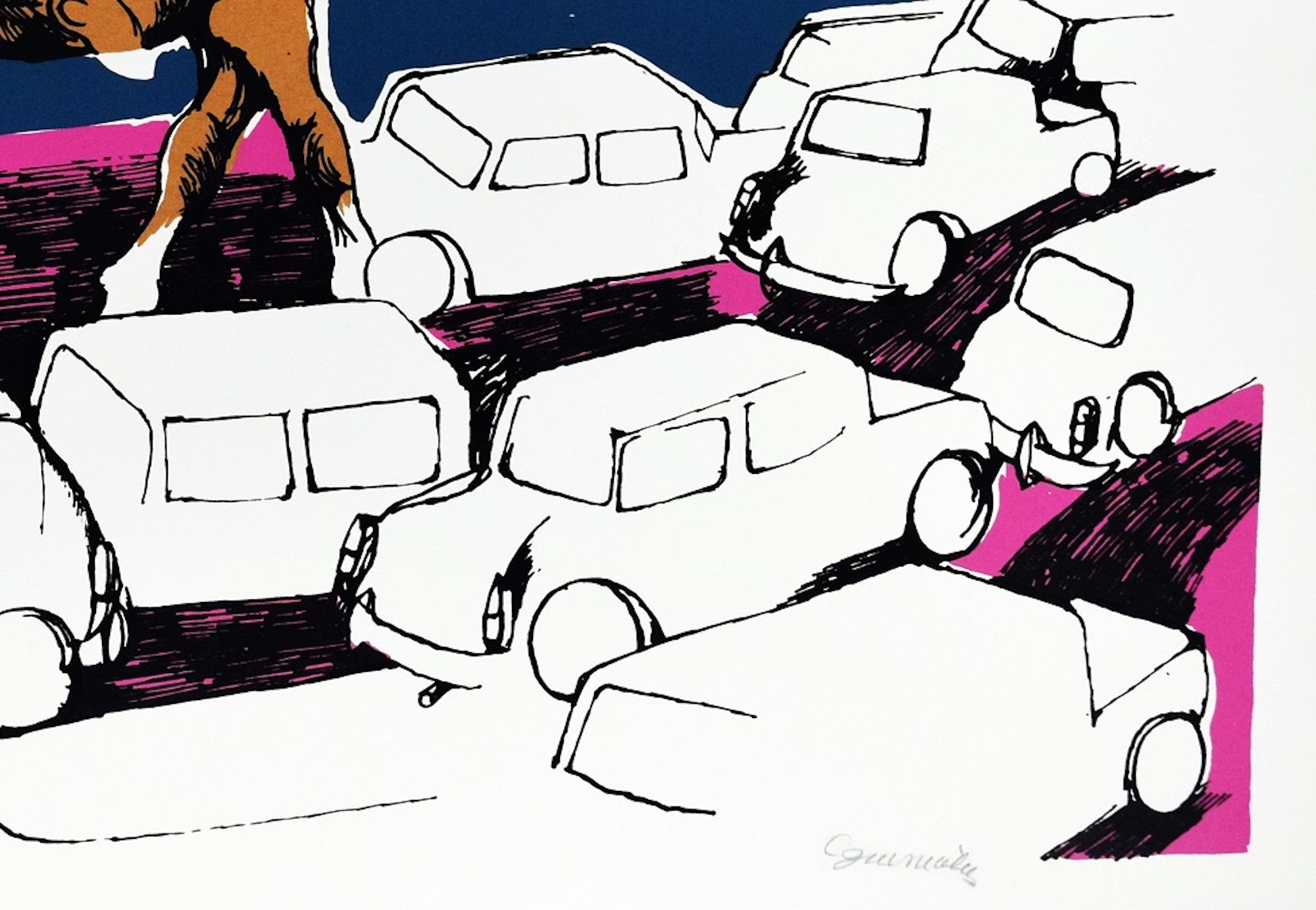 In The Traffic - Original Lithograph by L. Guerricchio - 1972 - Contemporary Print by Luigi Guerricchio