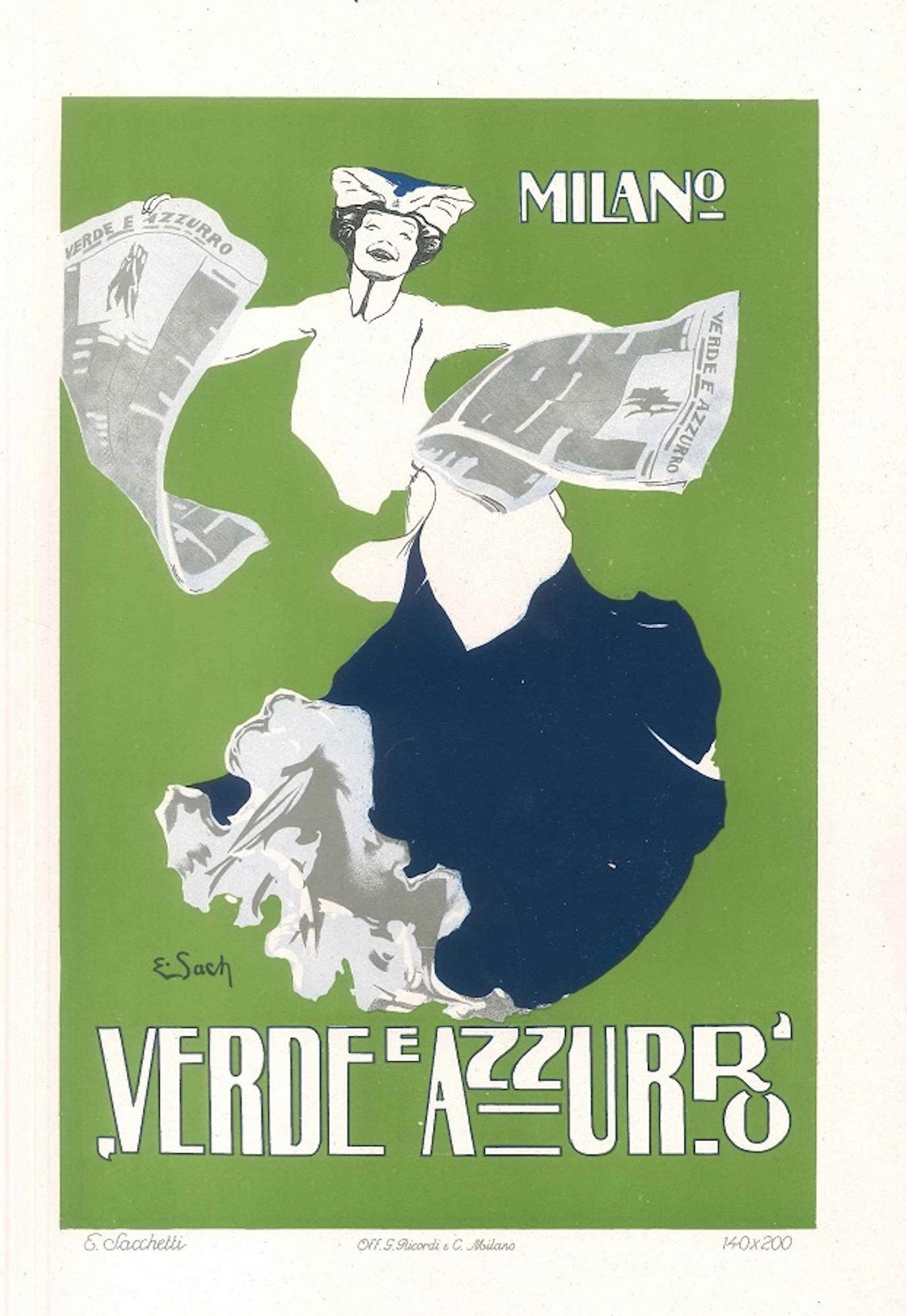 Enrico Sacchetti Figurative Print - Verde e Azzurro - Original Advertising Lithograph by E. Sacchetti - 1914 ca.