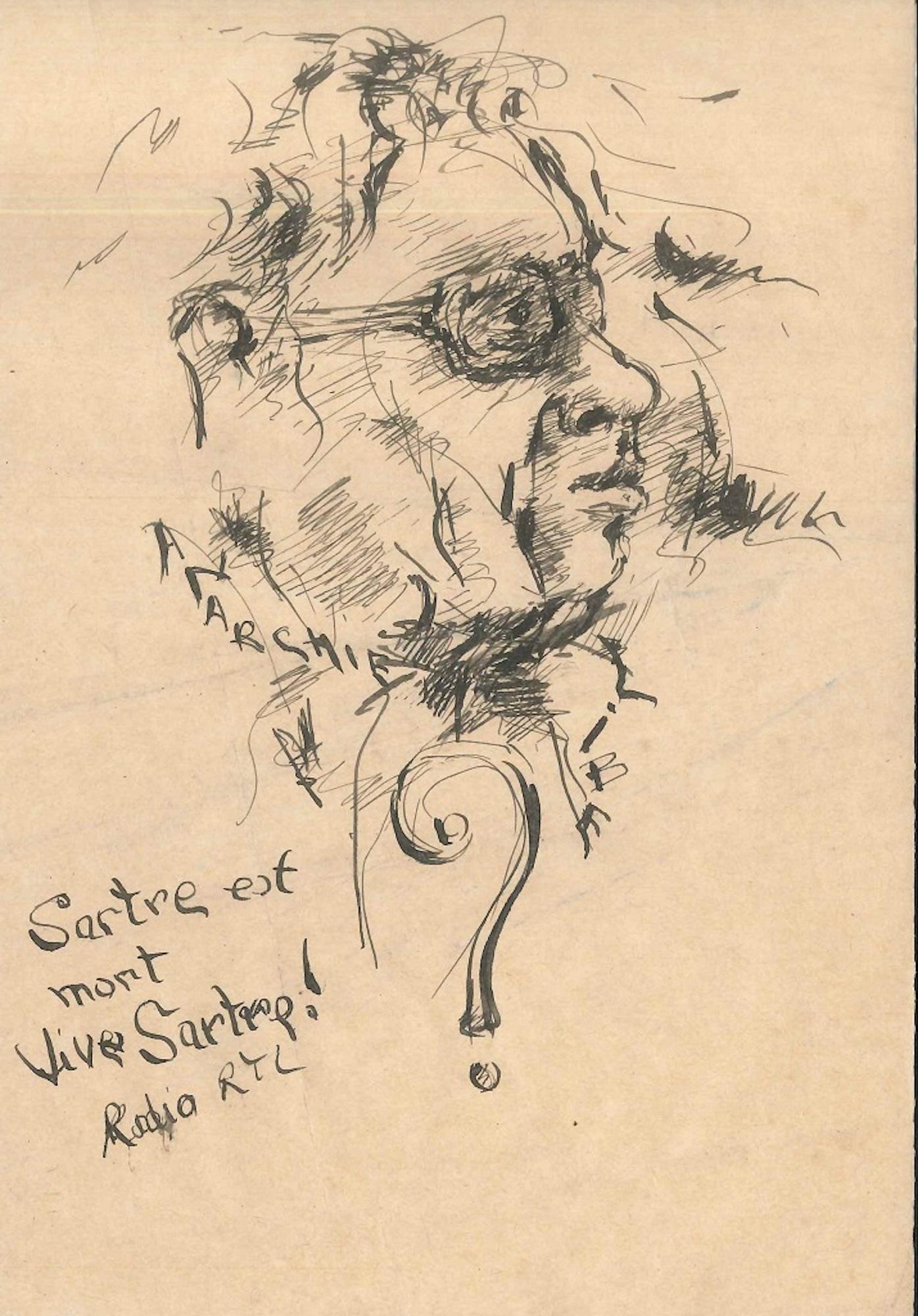 Unknown Portrait - Sartre est mort - Original Ink Drawing by Anonymous French Artist 2nd half 1900