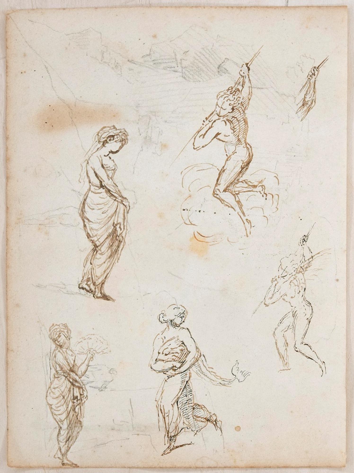 Unknown Figurative Art - Studies with Landscape - Ink and Pencil on Paper - Early 1800