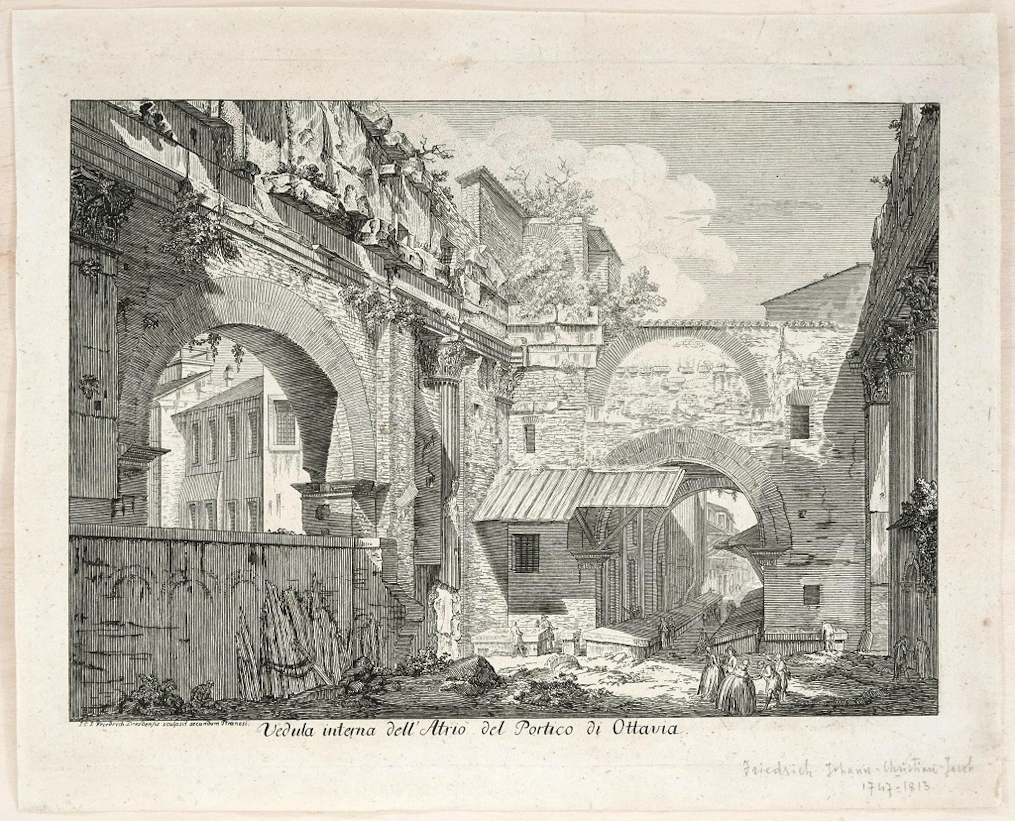 Johann-Christian-Jacob Friedrich Landscape Print - La Veduta interna dell’Atrio del Portico d’Ottavia - Etching After G.B. Piranesi