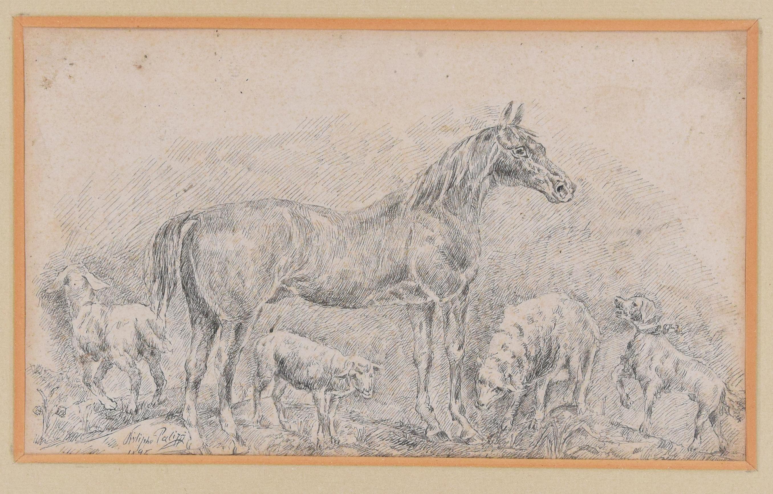 Horse with Herds - China Ink Drawing by Filippo Palizzi - 1895
