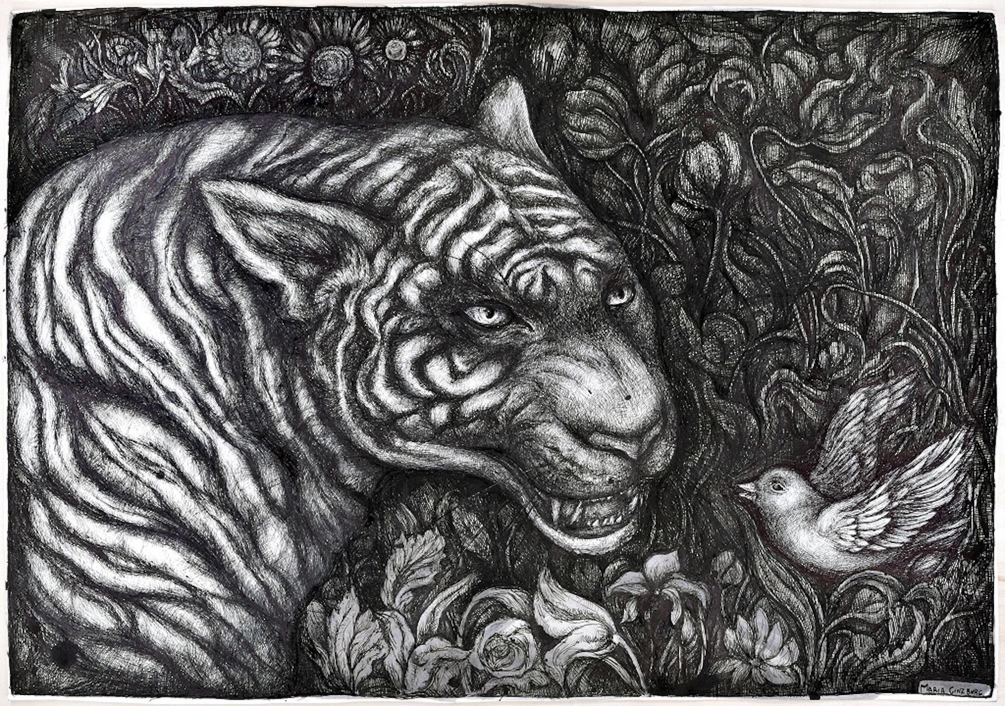 Le Tigre est une œuvre d'art originale réalisée par l'artiste contemporaine italienne Maria Ginzburg en 2018. 

Encre de Chine originale sur papier. 

Signé à la main à l'encre de chine dans le coin inférieur droit "Maria Ginzburg" en lettres