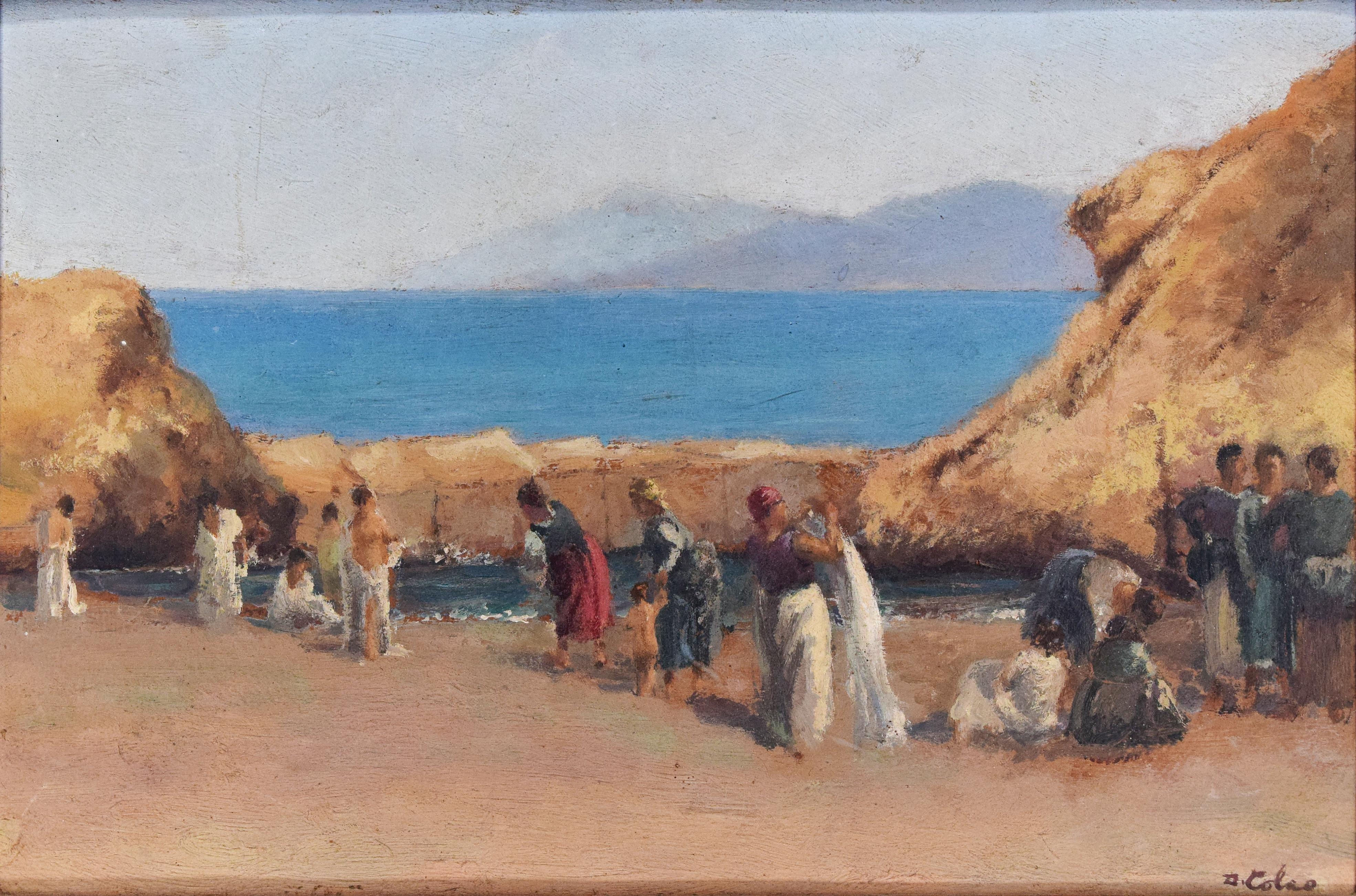 Femmes sur la plage dans une belle peinture à l'huile du début du XXe siècle, par l'artiste italien Domenico Colao (1881-1943).

Signé à la main à l'huile brune dans le coin inférieur droit.

Ce tableau original relaxant, à l'exception de quelques