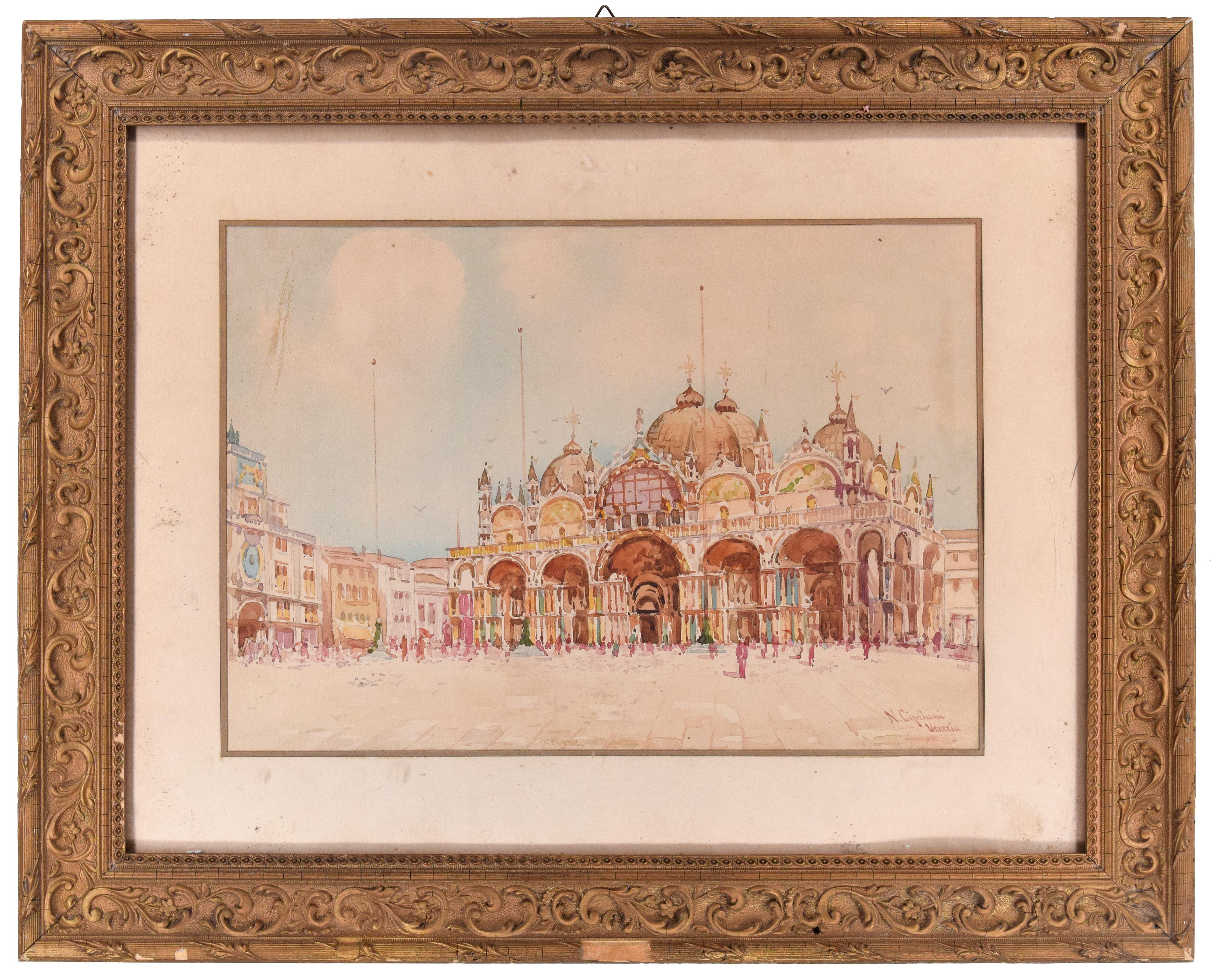 View of Piazza San Marco, Venice - Original Watercolor by N. Cipriani - Art by Nazzareno Cipriani