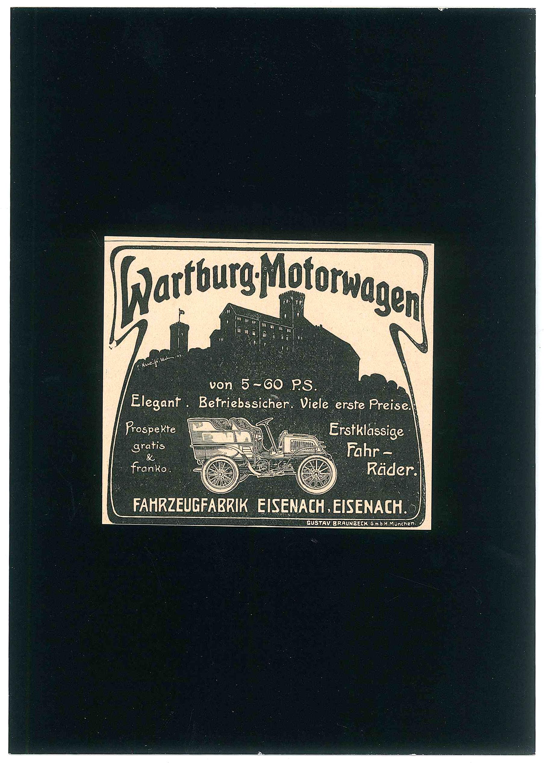 Die Wartburg-Autowerbung ist eine originelle Illustration, die Ende des XIX Jahrhunderts entstand. 

Guter Zustand- Auf schwarzen Karton geklebt (21 x 14,7 cm).

Jahrhunderts und wirbt für ein neues Modell des Wartburgs, das vom Automobilwerk