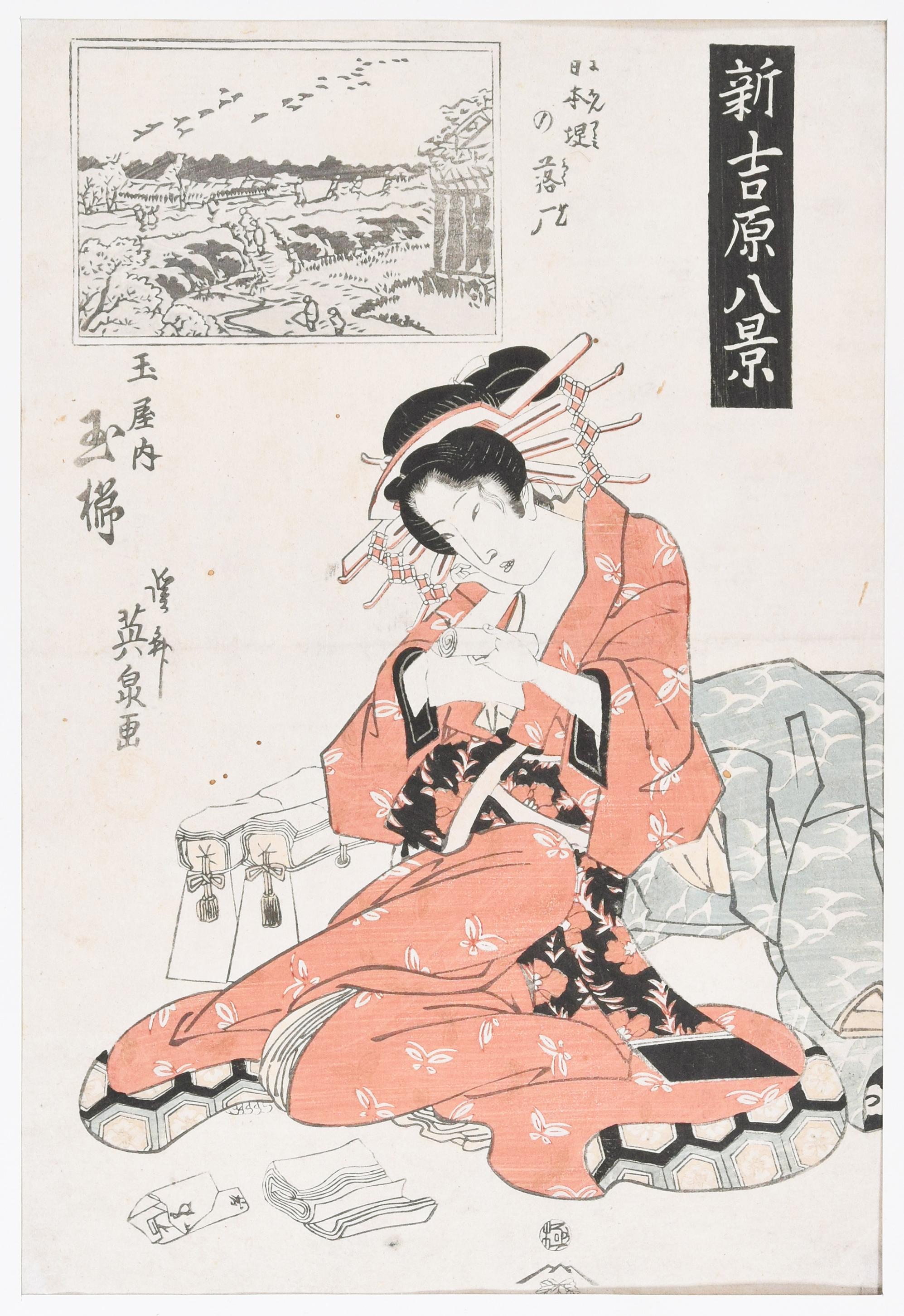 La cortigiana è una stampa originale realizzata all'inizio del XIX secolo da Keisai Eisen.

Si tratta di una xilografia a colori misti. Include passepartout: 49 x 36,5 cm

Buone condizioni, a parte piccoli fori sul foglio.

Titolo originale: