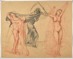 Death and Other Figures - Drawing Original Charcoal Drawing by Unknown French Master 1900