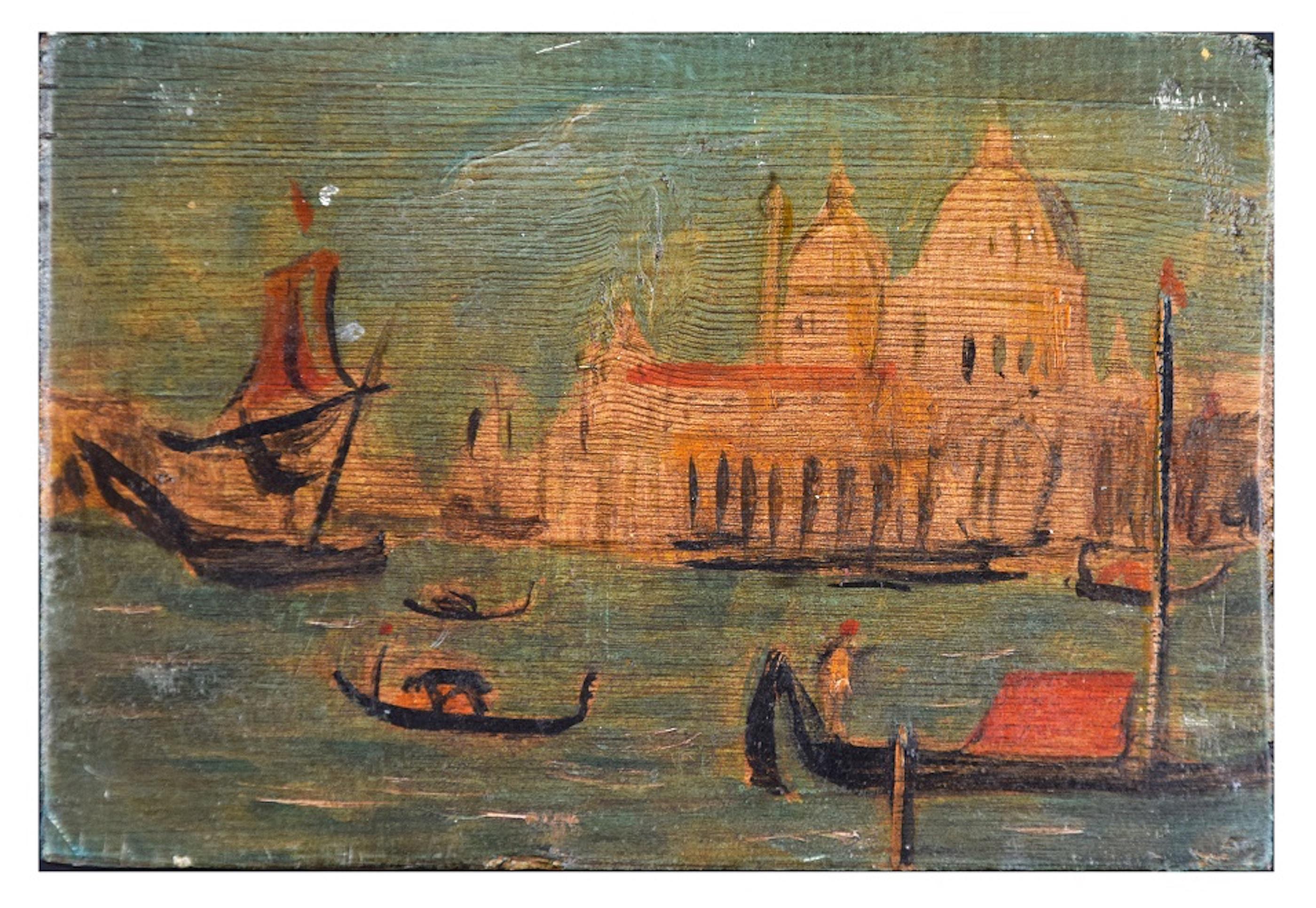 The painting Venezia is a graceful view on the splendid Baroque church of Santa Maria della Salute in Venice seen from the Canal Grande, painted on a rectangular wooden panel by Hans Gill.

On the canal, there are some gondolas and boats. The state