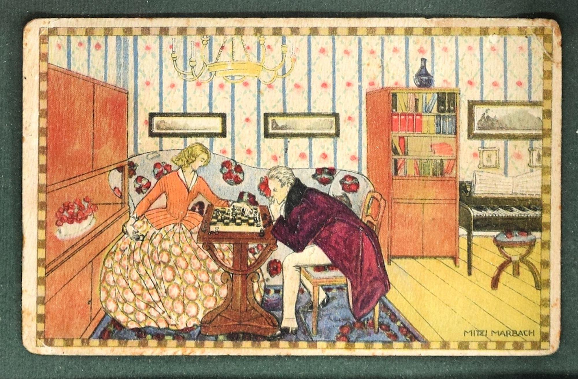Chess Game ist eine wunderbare Farbe lithographierte Postkarte in den frühen Jahren des XX Jahrhunderts von der österreichischen Künstlerin, Mitzi Marbach realisiert.

Eine schöne, wenig dimensionierte Postkarte im Jugendstil, signiert auf der