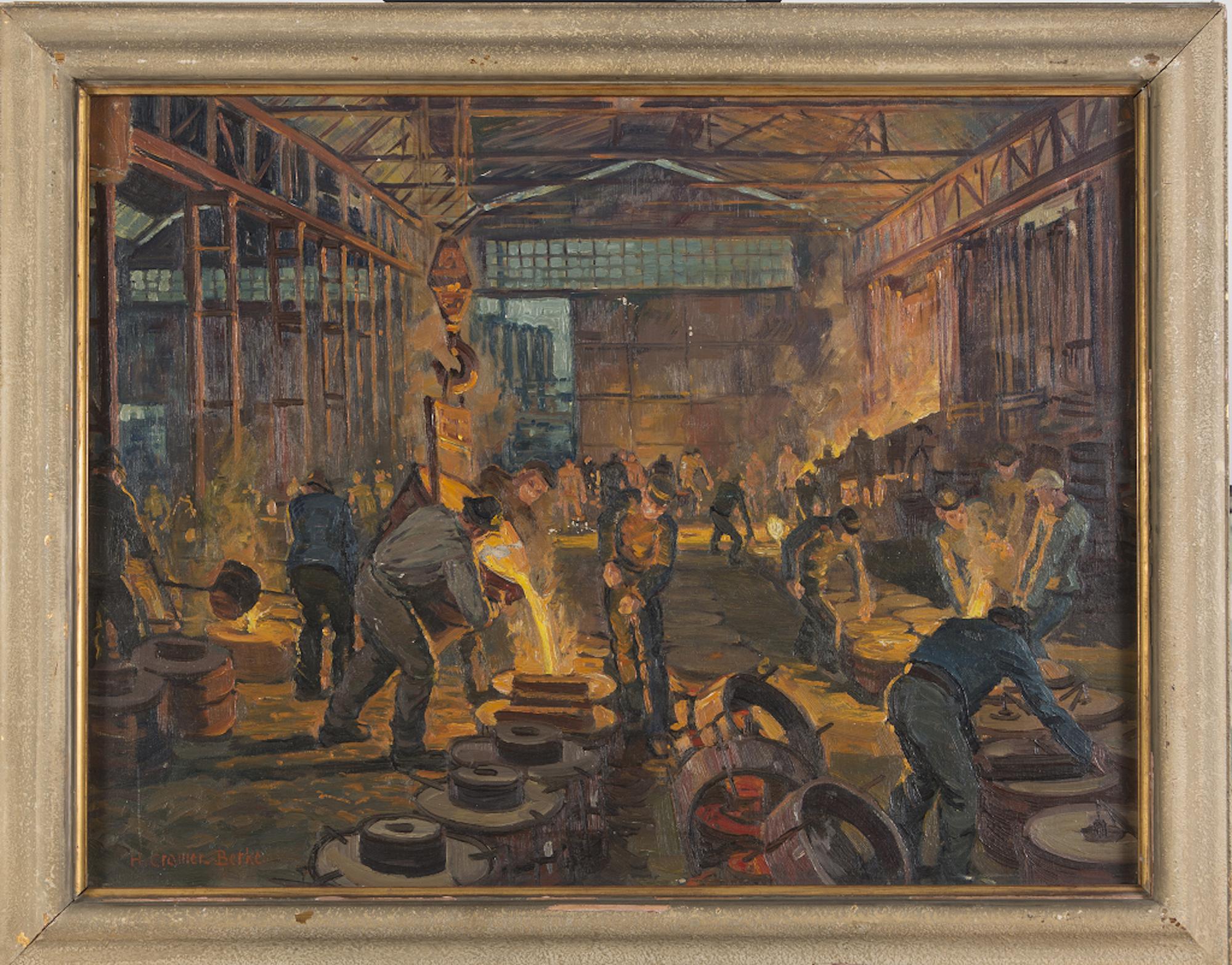 Interior of a Foundry - Original Oil on Canvas by H. C. Berke - Mid 1900 - Painting by Hubert Creme Berke