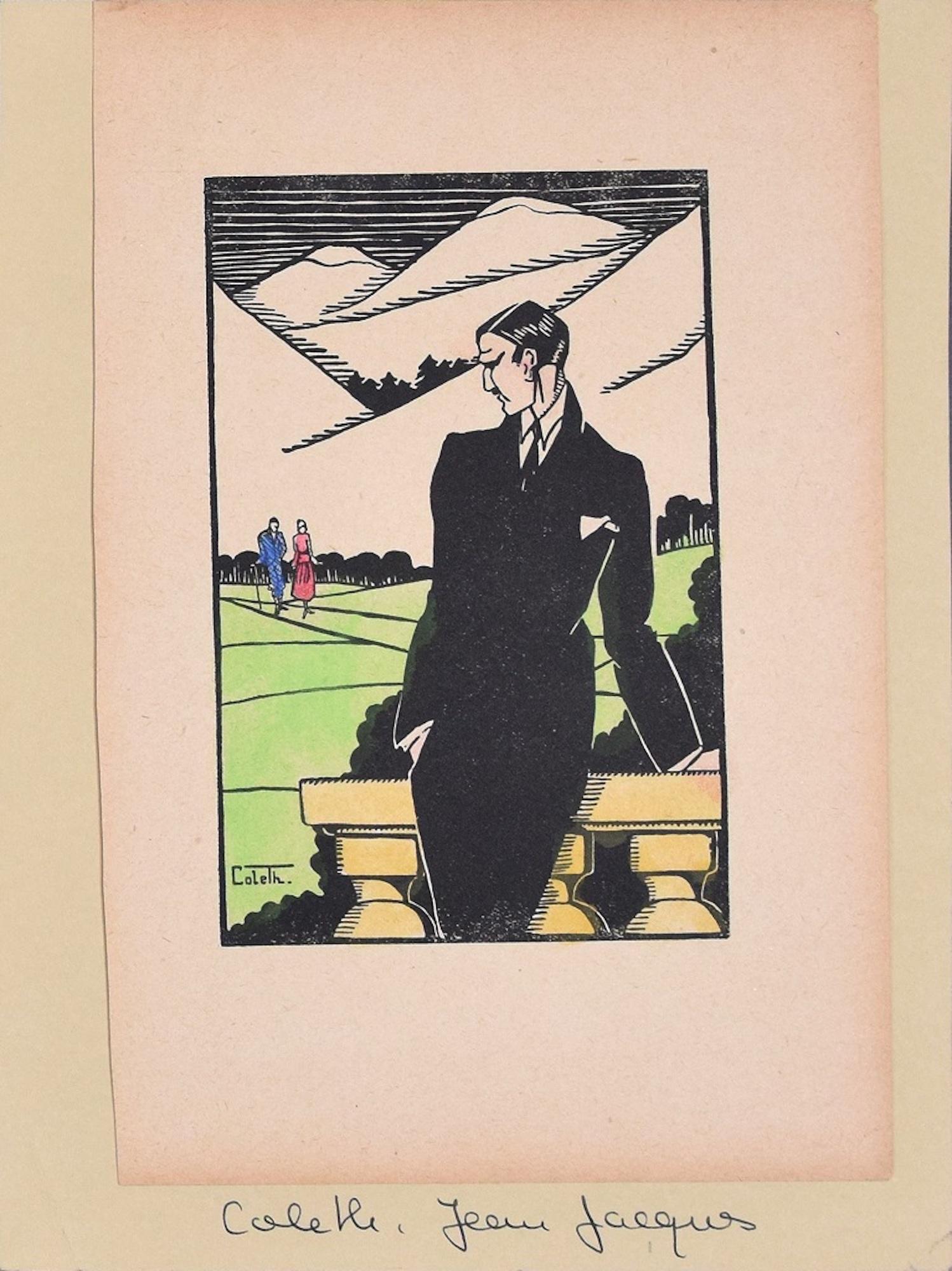 Jean Jacques Coleth - Elegant Man in a Landscape - Original Woodcut by J.J.  Coleth - 1920/40 at 1stDibs