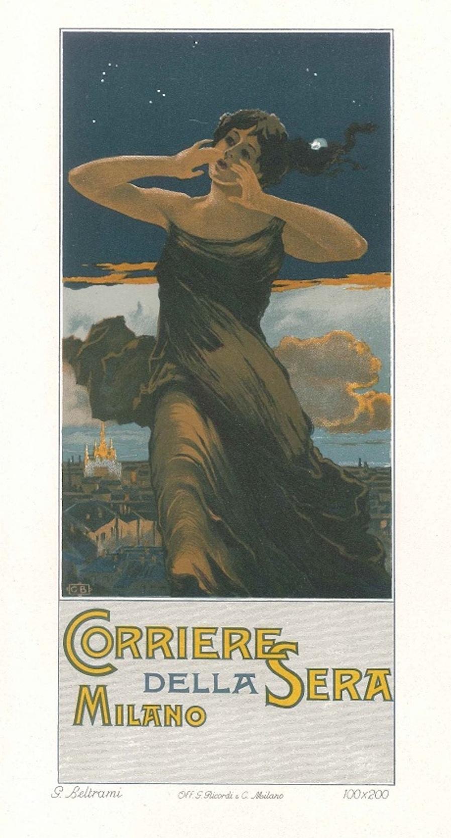 Corriere della Sera - Original Advertising Lithograph by G. Beltrami - 1910
