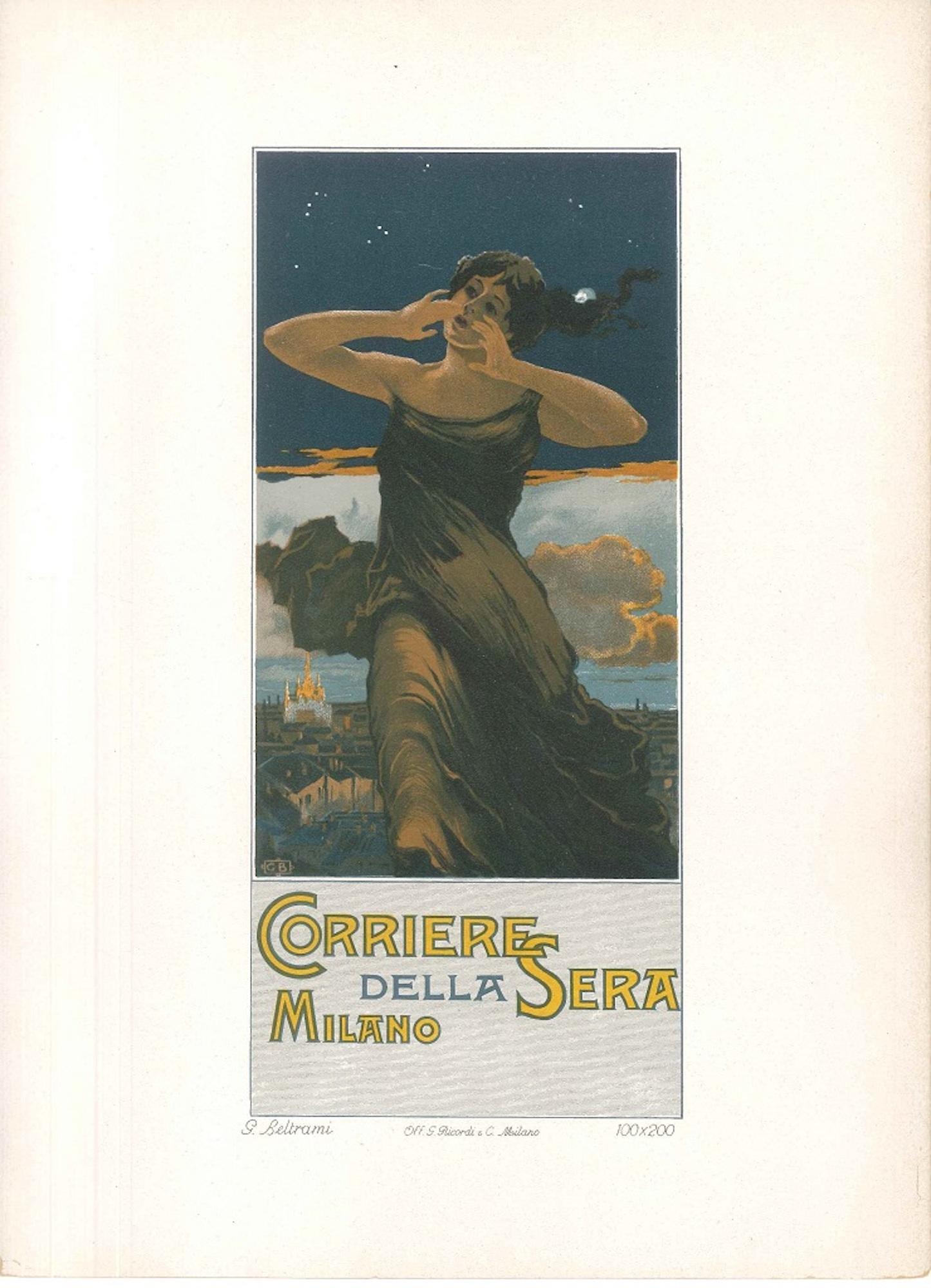 Corriere della Sera - Litografia pubblicitaria originale di G. Beltrami - 1910 - Print di Giovanni Beltrami
