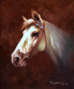 Portrait of a White Horse with Bridle - Original Oil on Canvas by M. Borbely