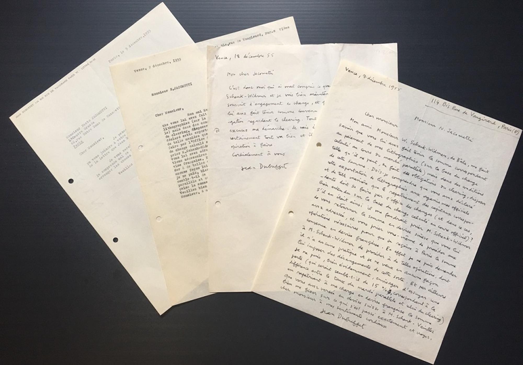 Interesting collection of 4 letters by Jean Dubuffet (2 hand written and 2 typescript) addressed to the swiss editor Nesto Jacometti.
All of them are dated 1955.
Very good conditions.

They are shipped from Italy so an export license is required. It