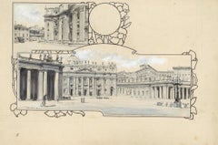 Antique Piazza San Pietro - Original China Ink Drawing by A. Terzi - 1899