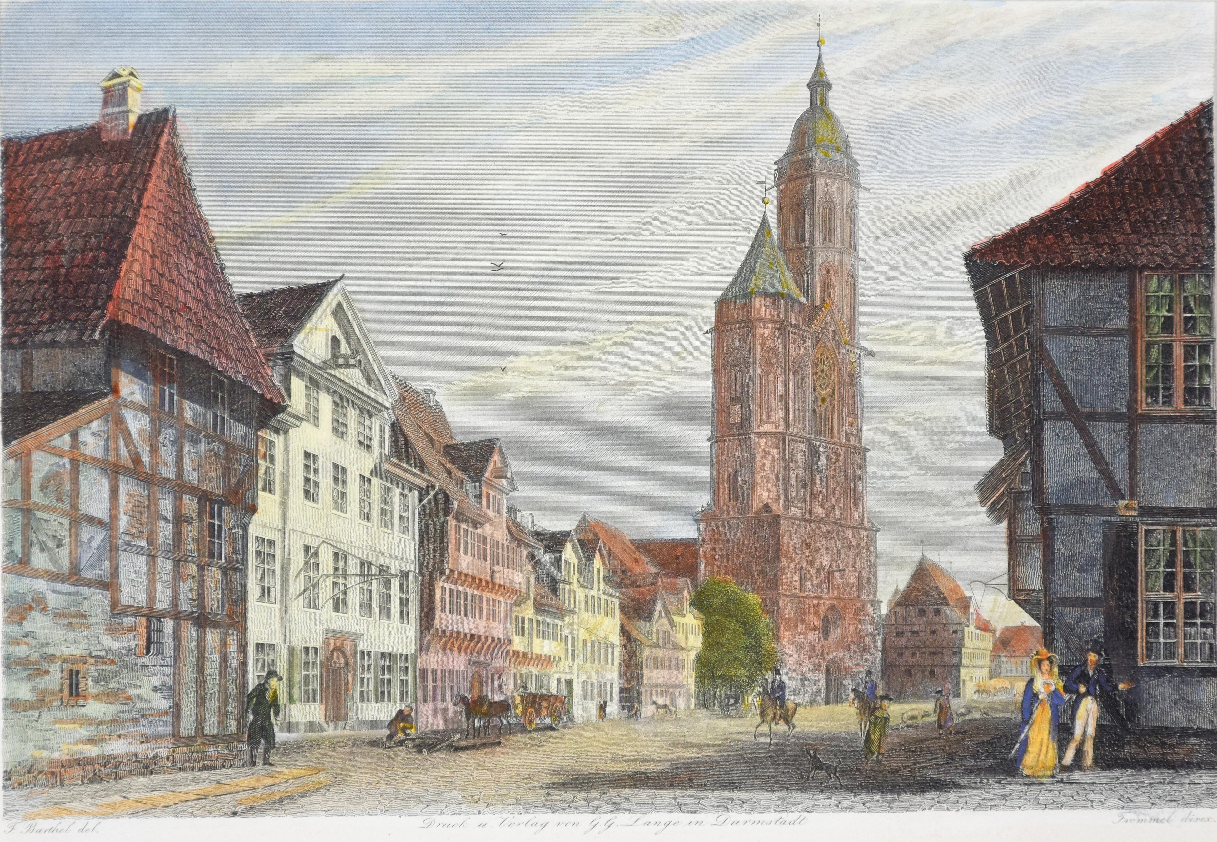 Carl Ludwig Frommel Landscape Print – Der Wollmarkt mit der Andreaskirche – Original-Radierung von C.L. Emaille-Schliff