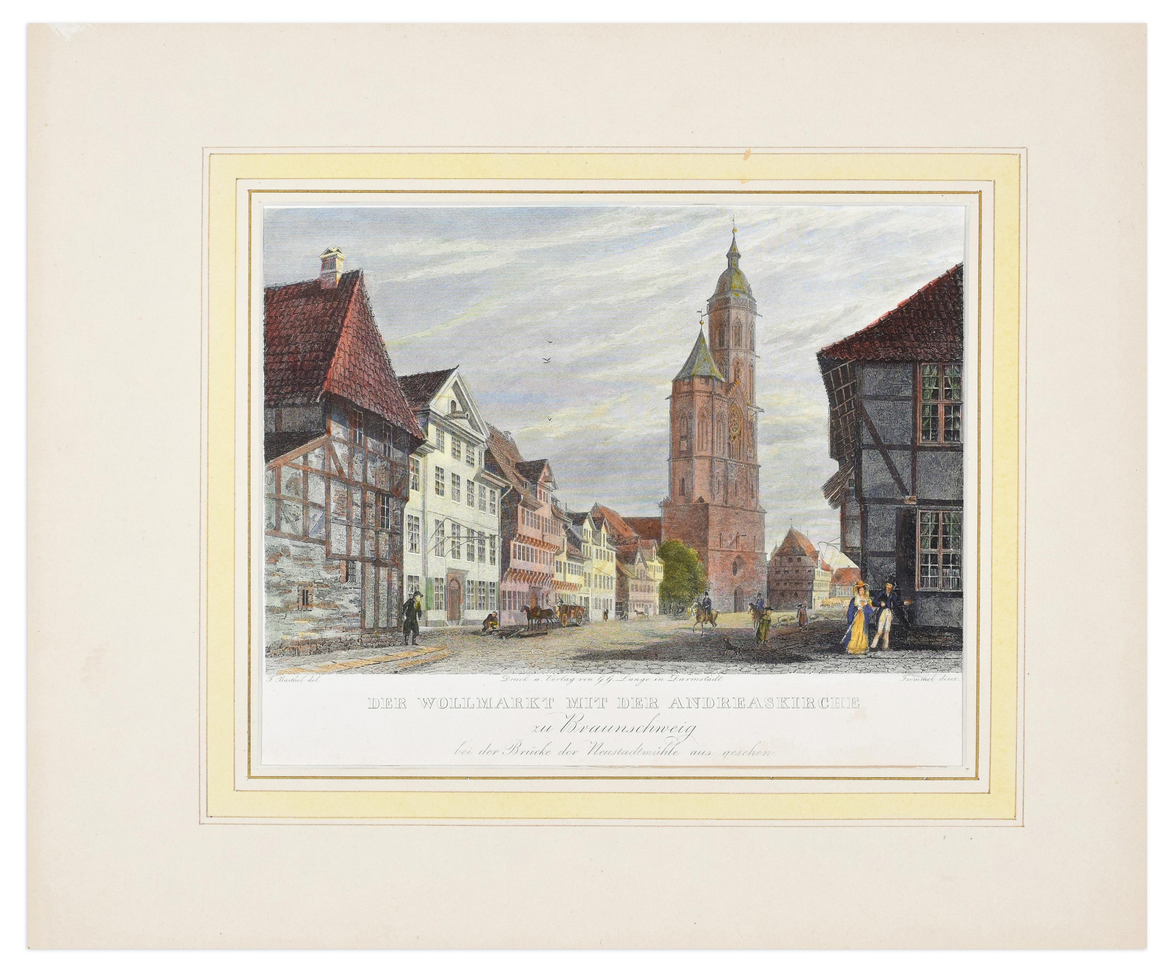Der Wollmarkt mit der Andreaskirche – Original-Radierung von C.L. Emaille-Schliff – Print von Carl Ludwig Frommel