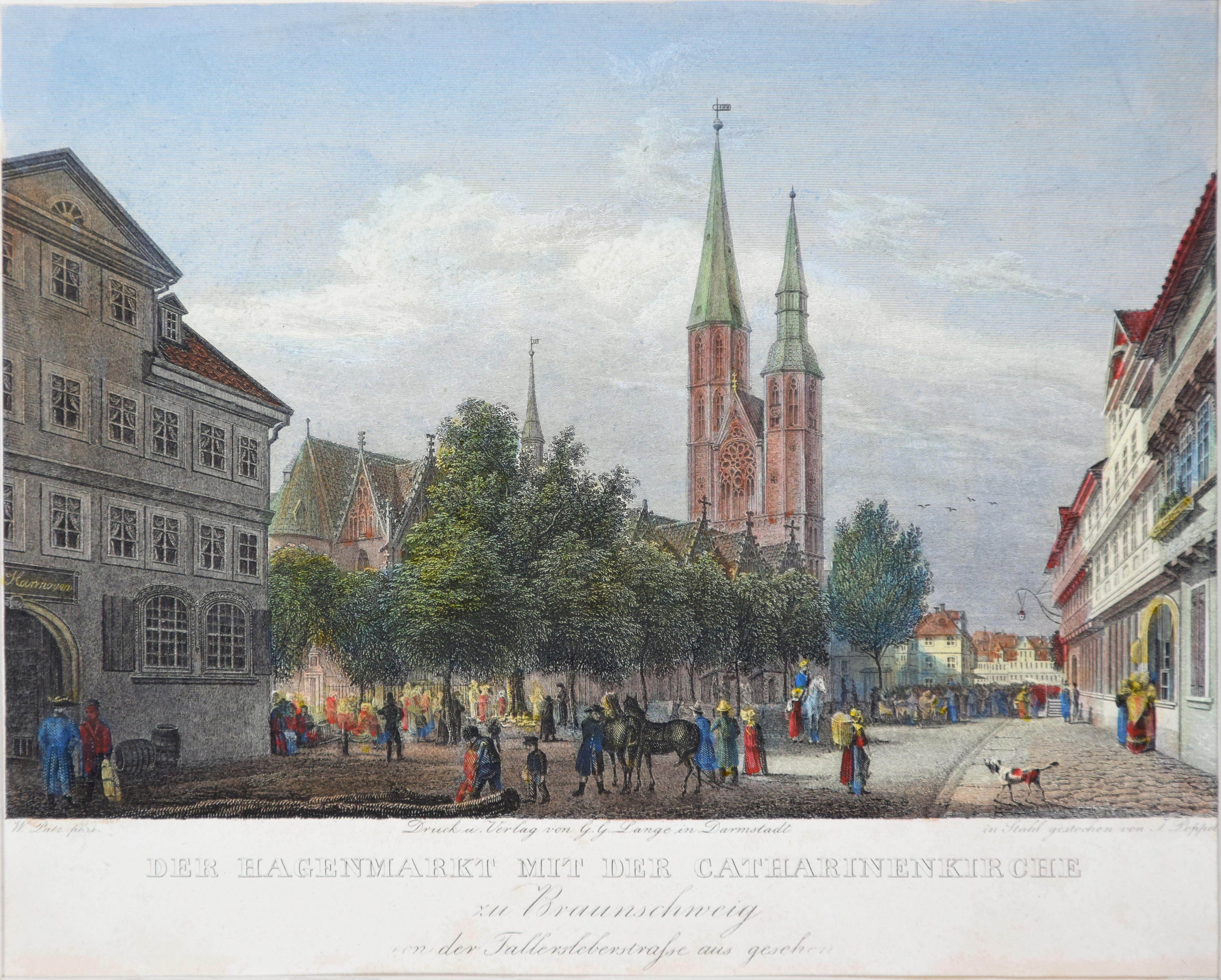 Johann Poppel Figurative Print - Der Hagenmarkt mit der Catharinenkirche - Original Etching by J. Poppel