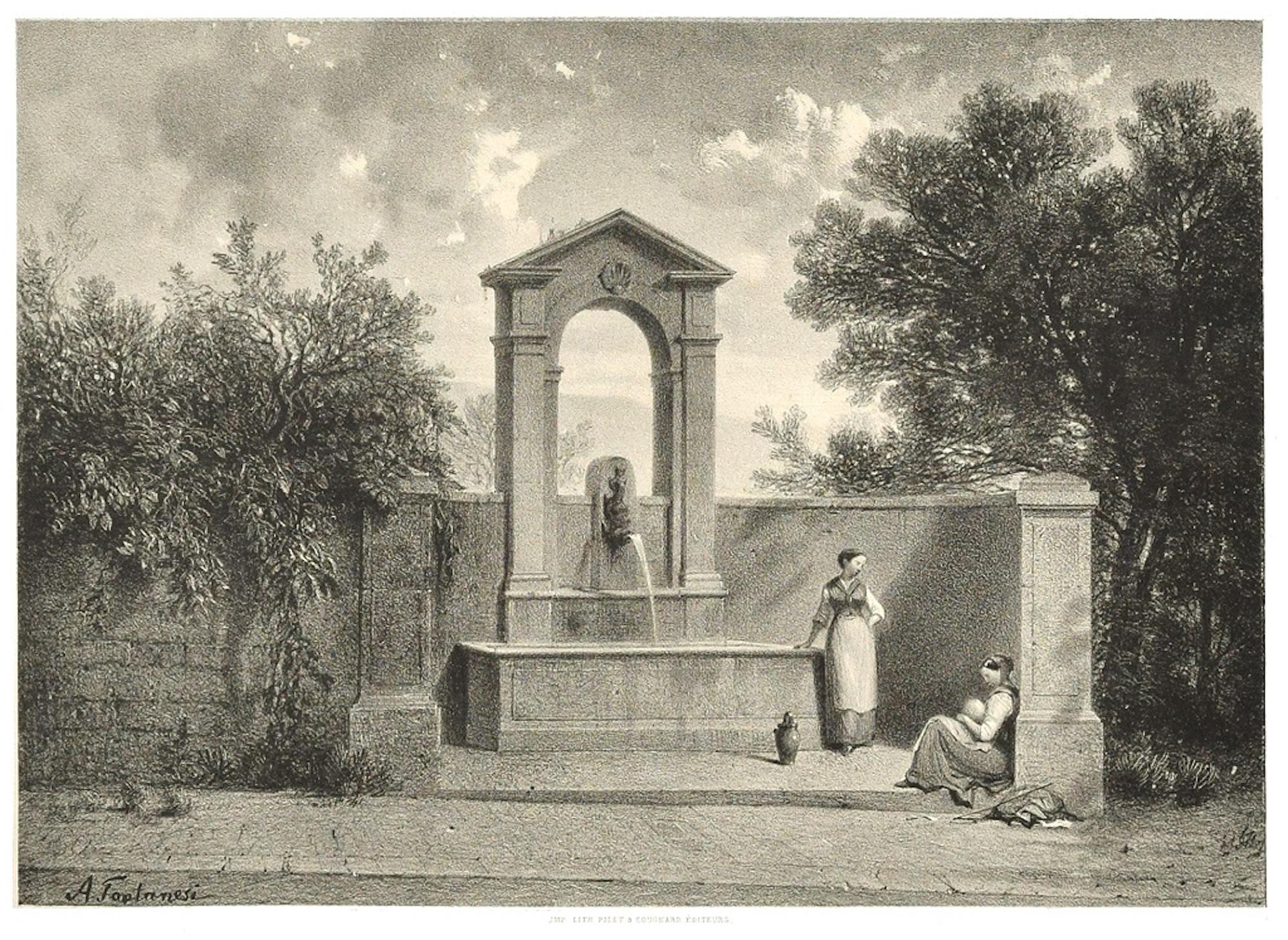 Antonio Fontanesi Landscape Print – Interieur de Geneve. Fontaine de Beauregard – Originallithographie von A. Fontanesi