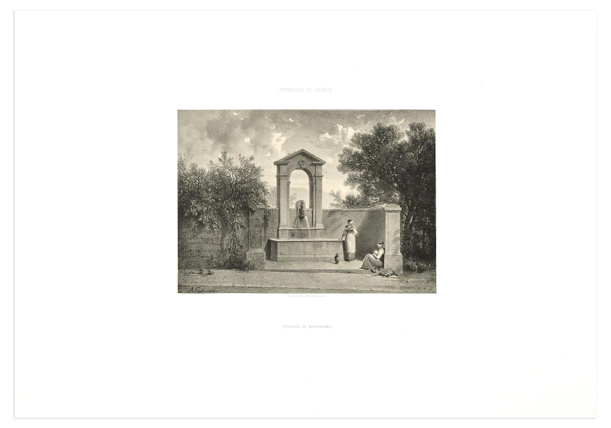 Interieur de Geneve. Fontaine de Beauregard-Original Lithograph by A. Fontanesi - Print by Antonio Fontanesi