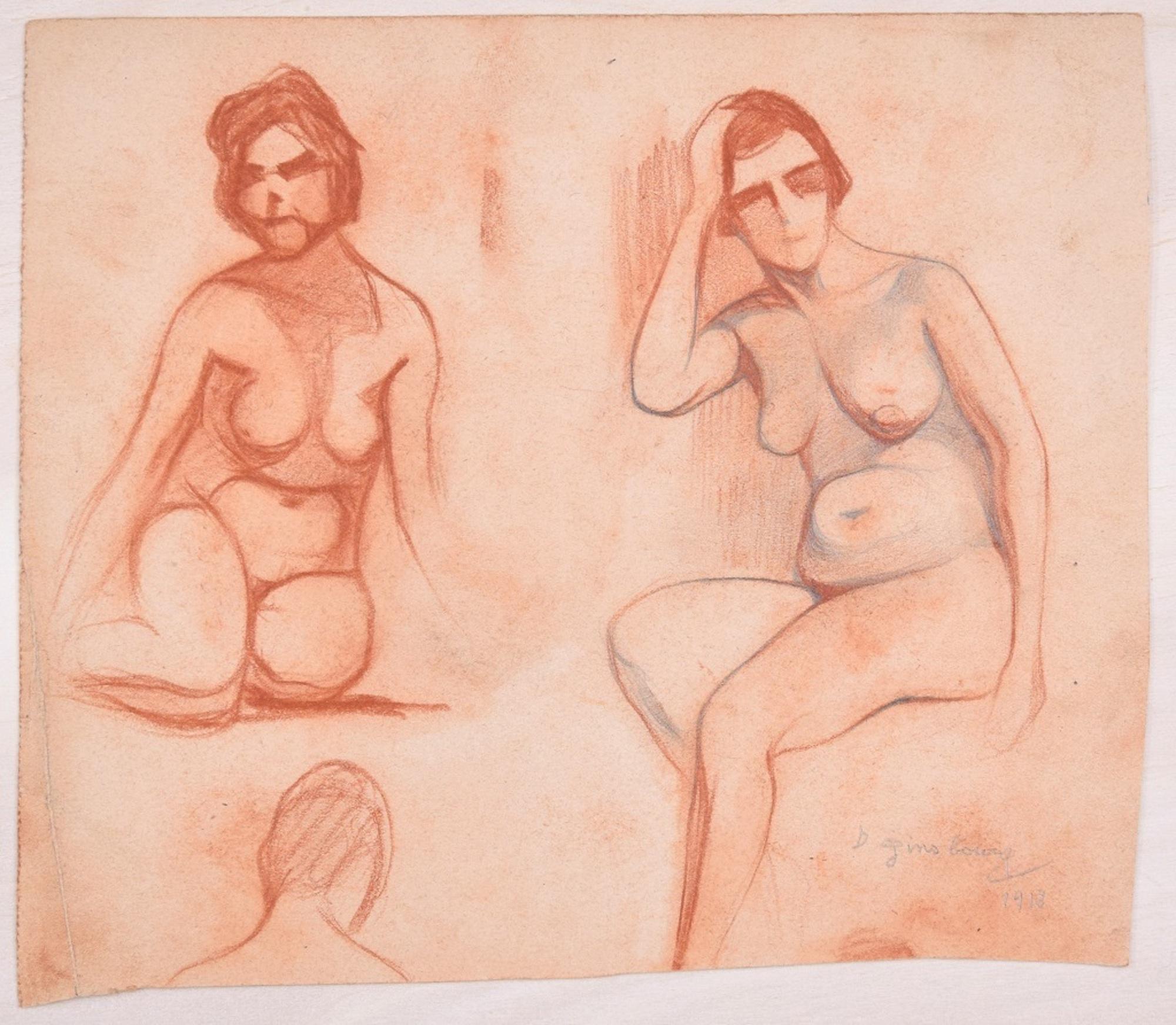 Daniel Ginsbourg Figurative Art - Studies for Female Nudes - Original Pencil Drawing by D. Ginsbourg - 1918