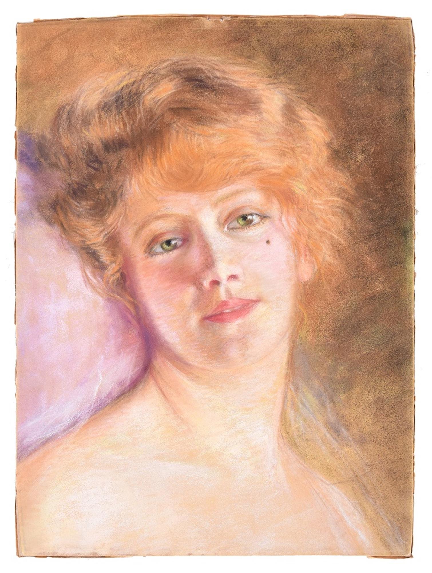 Female Portrait - Original Pastel Drawing Early 1900