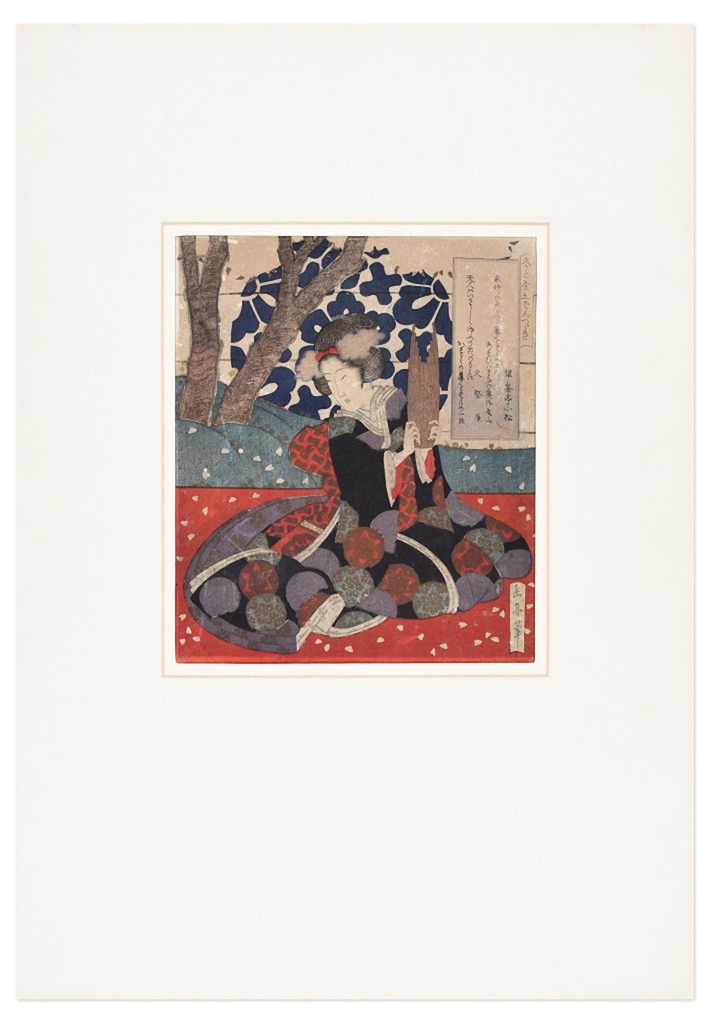 Surimono is a beautiful color woodcut with white and silver gold embossing, made between 1820 and 1846 by the Japanese artist Yashima Gakutei.

A young woman is squatting on the floor, holding a musical instrument, the favorite subject of the