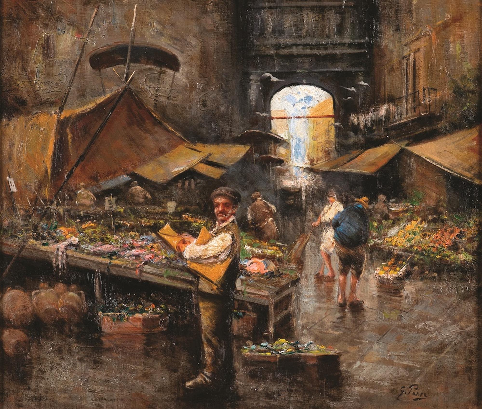 Porta Capuana is an original artwork realized by the Italian artist Giovanni Panza in the half of the XX Century. 

Oil on canvas. 

Hand-signed on the lower right corner "G. Panza". 

The original mark of O.Raffaele Art Gallery, Neaples is