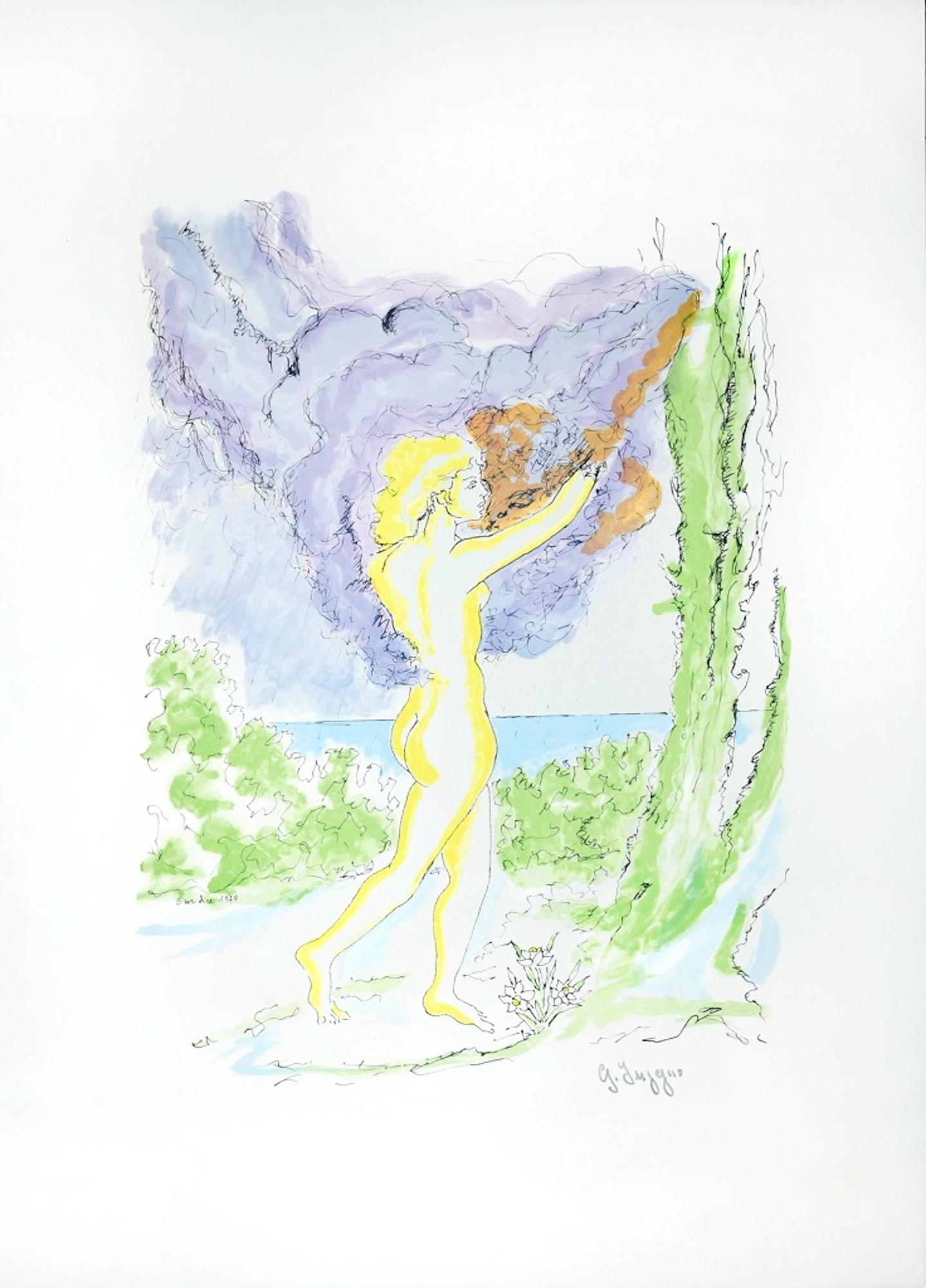 Euridice is an original print realized by Giuseppe Ingegno in 1979.

Colored print. 

Good conditions.

Hand signed in pencil lower right. Titled and dated on plate

This beautiful colored print represents Eurydice, an oak nymph and one of the