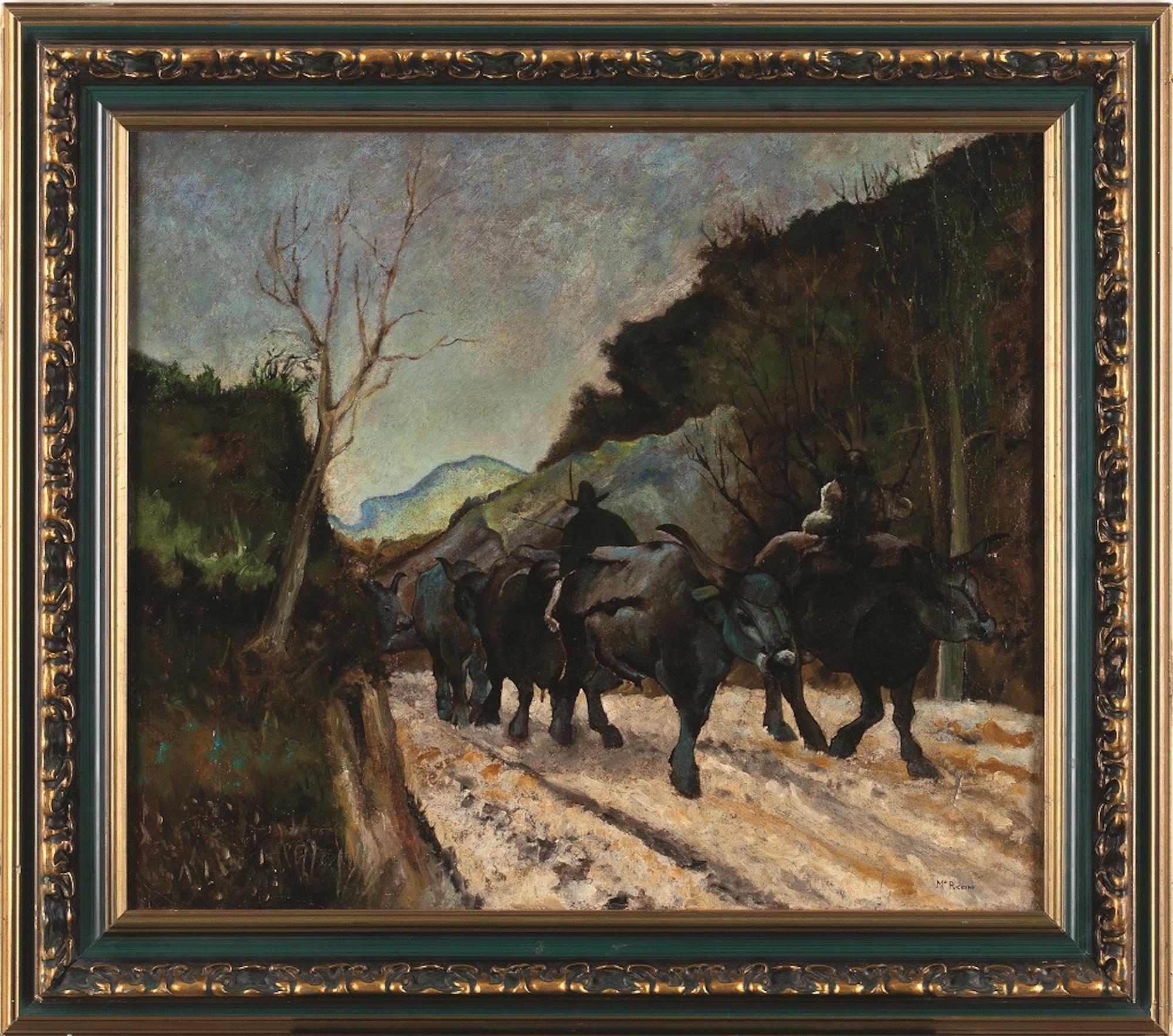 The Cart and the Oxen - Original Oil on Canvas by Mario Puccini - Early 1900 1