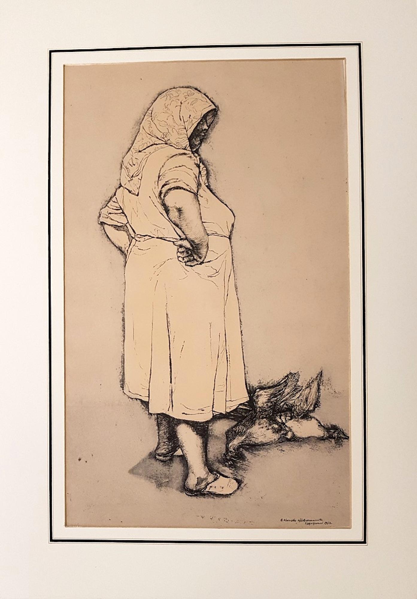 Fermier avec poule - dessin original à l'encre de Renzo Vespignani - 1953