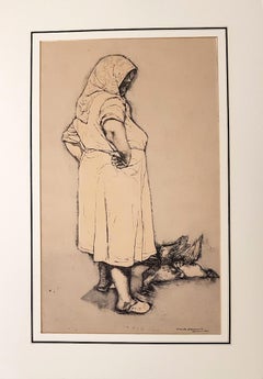 Farmer with Hen, dessin original à l'encre de Renzo Vespignani, 1953