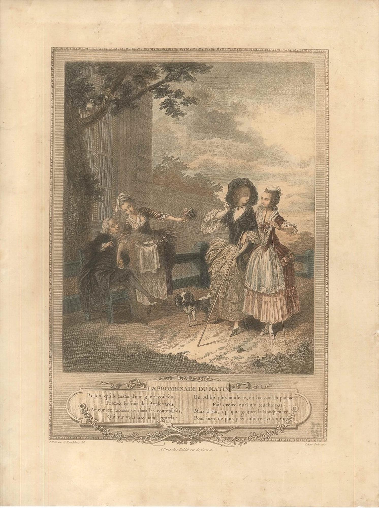 Therèse Eléonore Lingée Figurative Print - La Promenade du Matin - Original Lithograph by T.E. Lingée - 1772