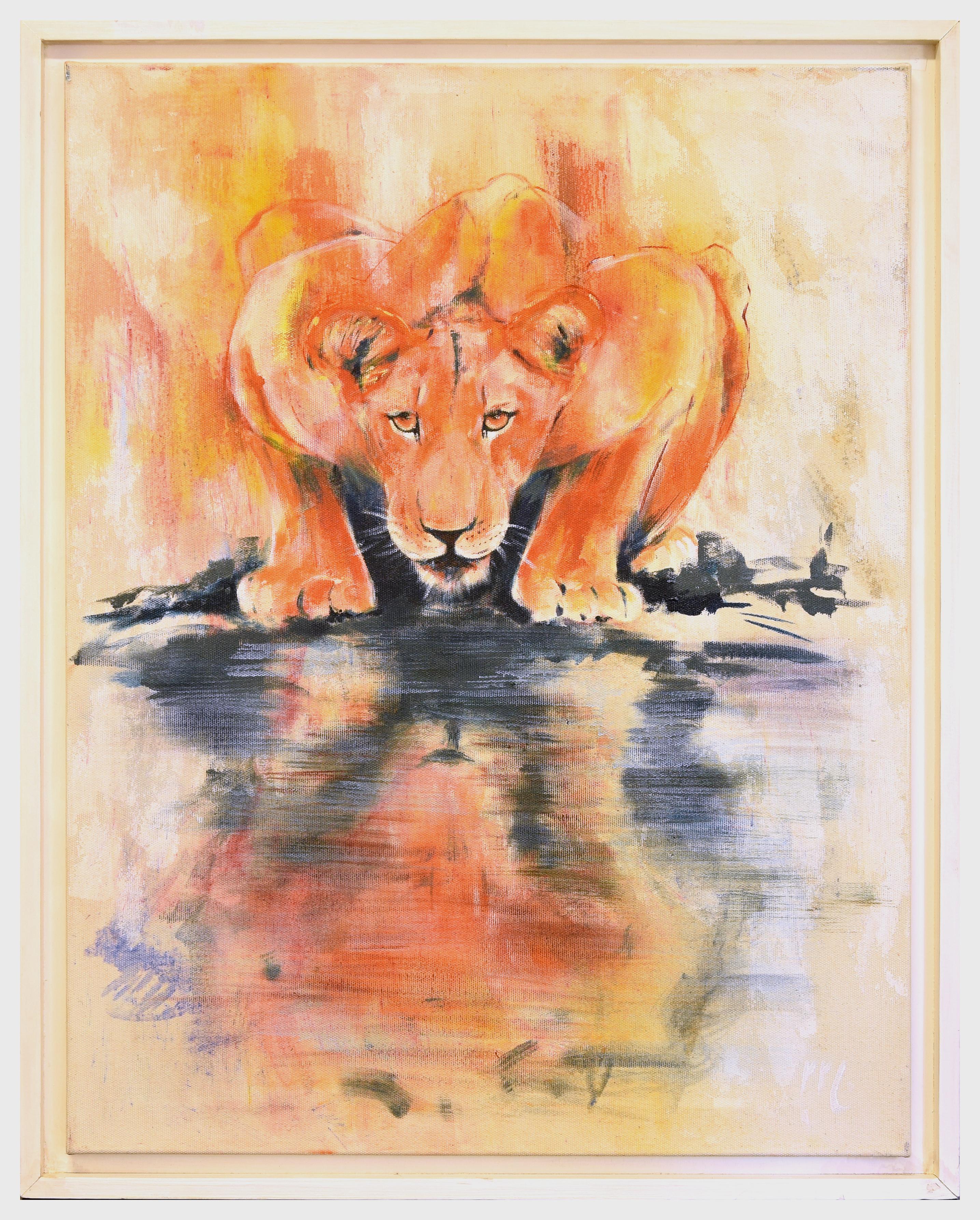 Lioness by the Water - Oil on Canvas by Marij Hendrickx - Early 2000s