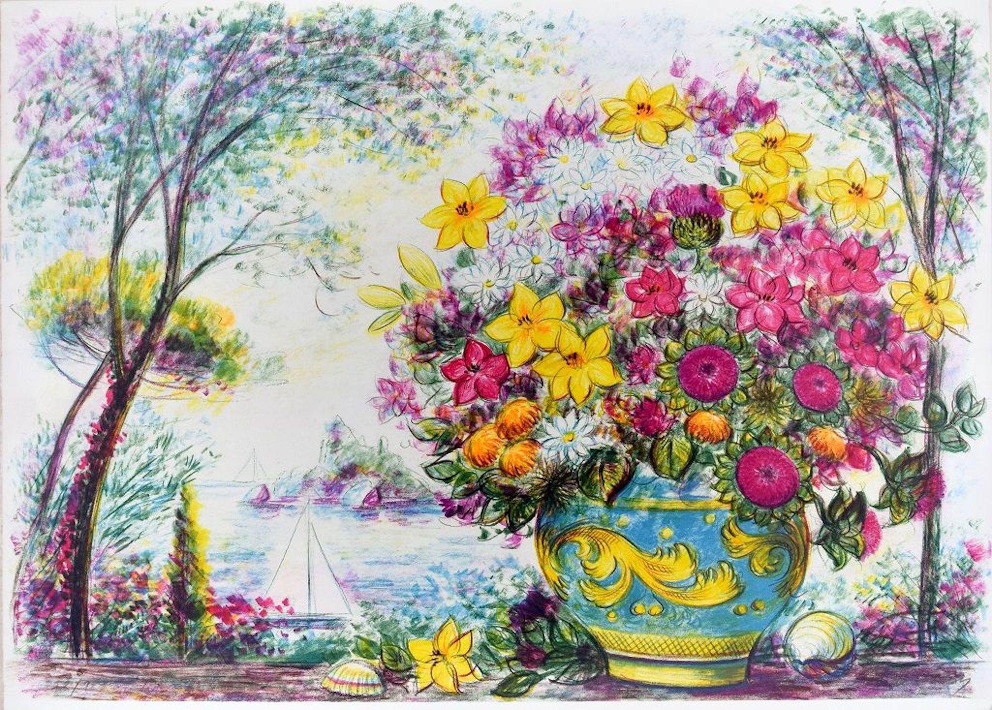 Flowerpot  - Lithograph by Jovan Vulic - 1988
