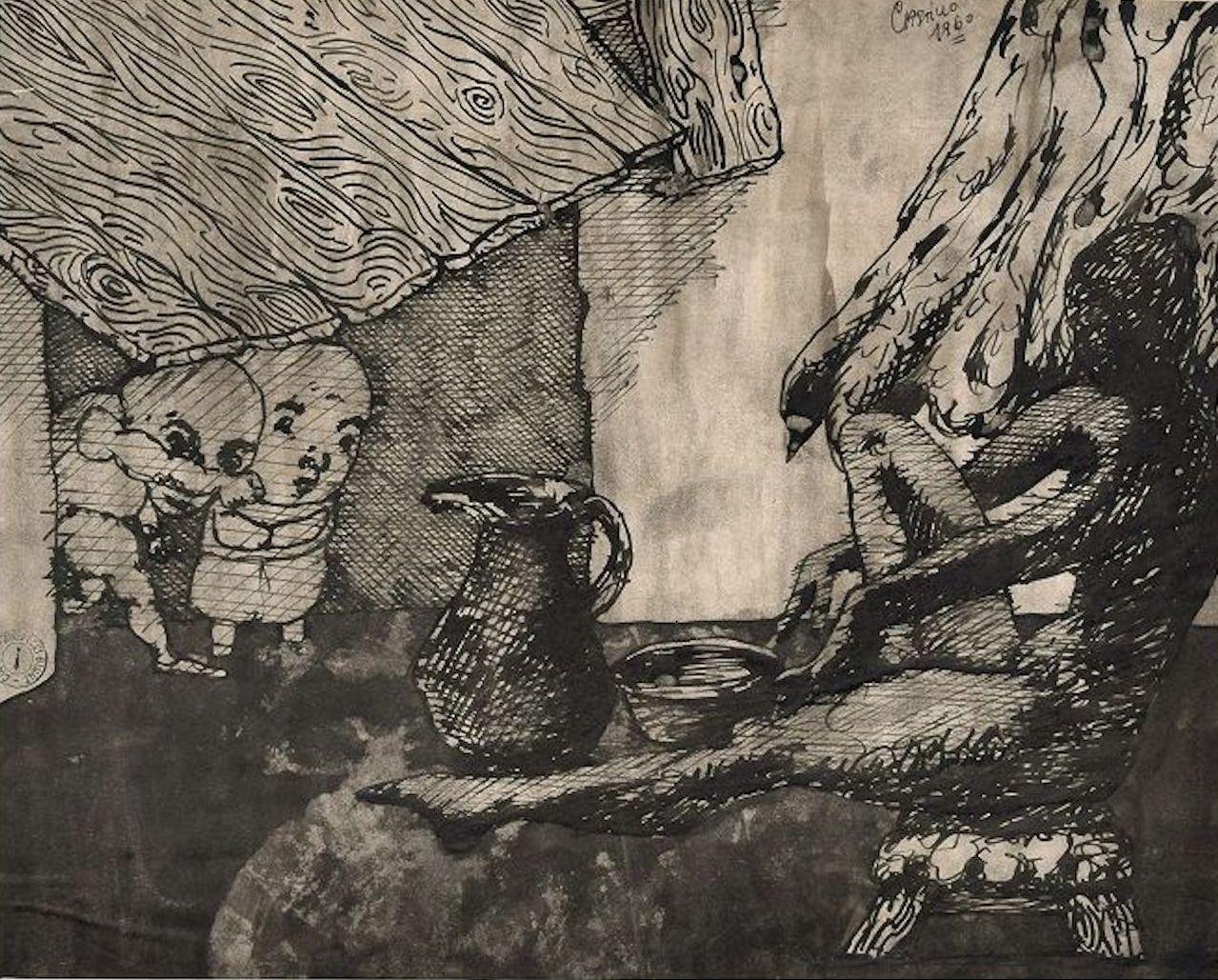 Surrealistische Komposition - Original chinesische Tuschezeichnung von Jorge Castillo - 1960 ca.