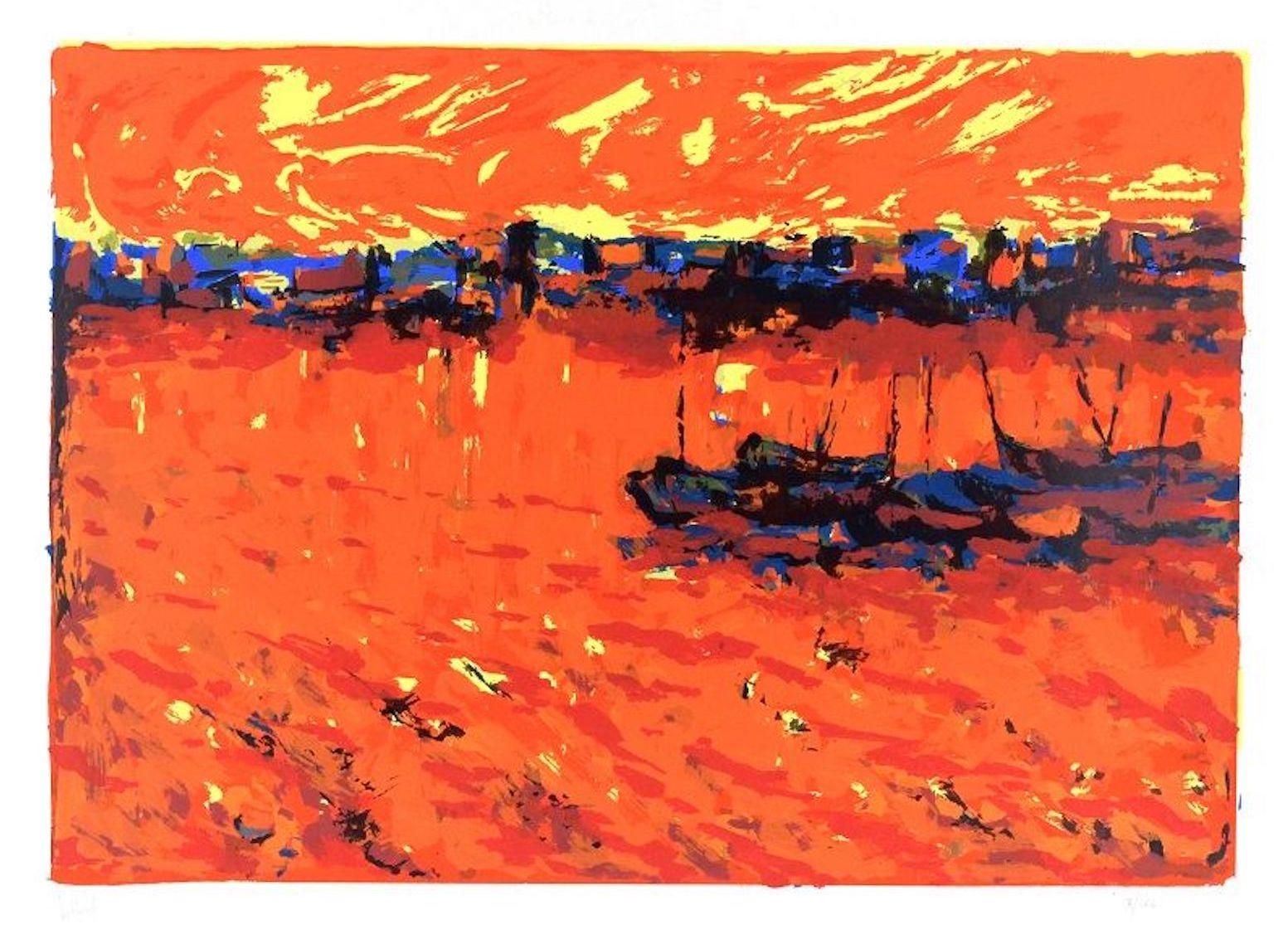Vincenzo Monti Landscape Print - Orange Langscape - Original Screen Print by V. Monti - 1970s