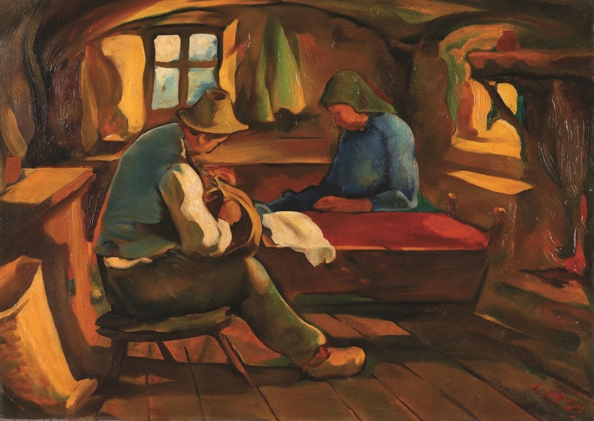 Joseph-Italo Mus Interior Painting - Untitled/Interior Scene - Original Oil on Canvas by J-I Mus - Mid 20th Century