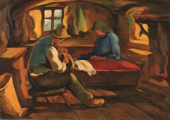 Untitled/Interior Scene – Original Ölgemälde auf Leinwand von J-I Mus – Mitte des 20. Jahrhunderts